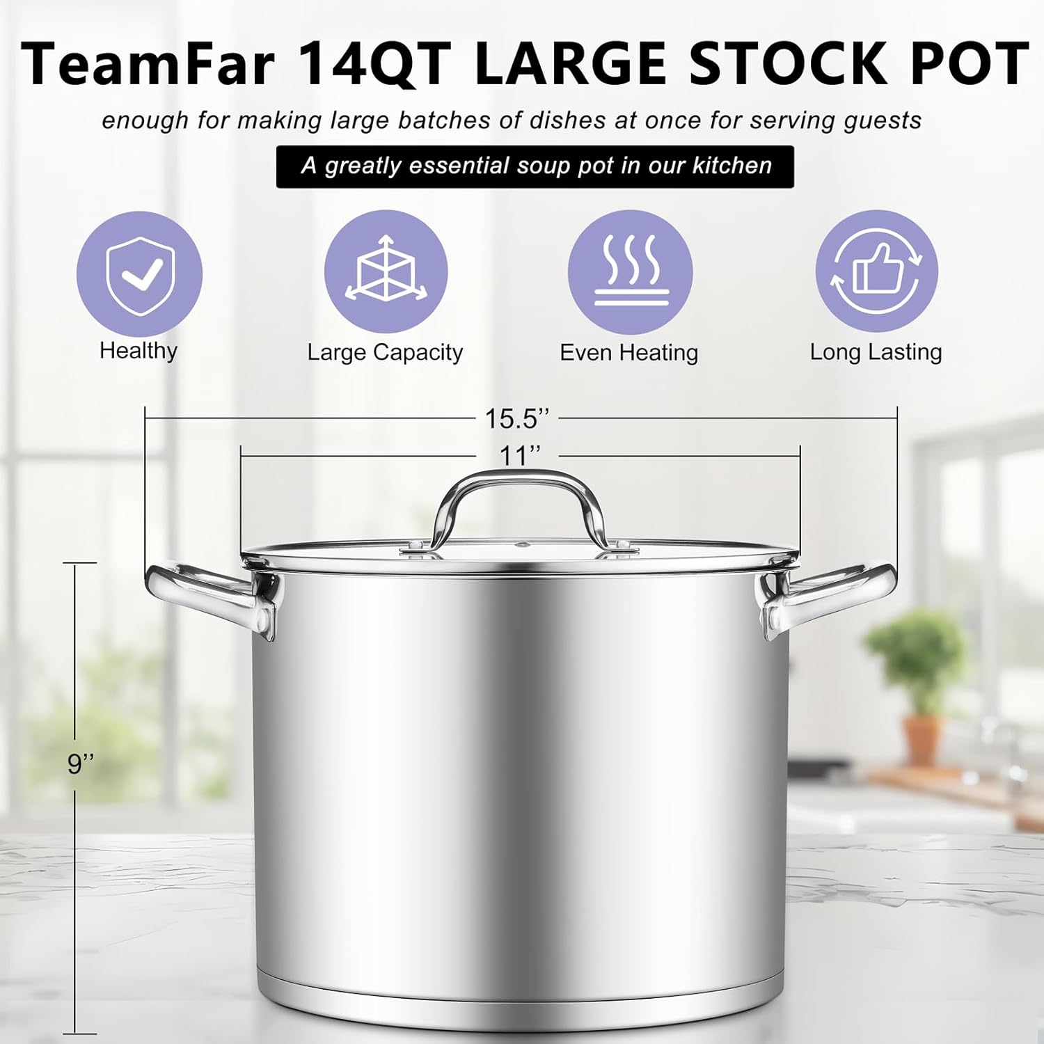 Stockpot Tri-ply Bottom Cooking Soup Pot with Glass Lid, for Induction Gas Glass Stovetops, Non Toxic & Heavy Duty, Large Size & Easy Clean