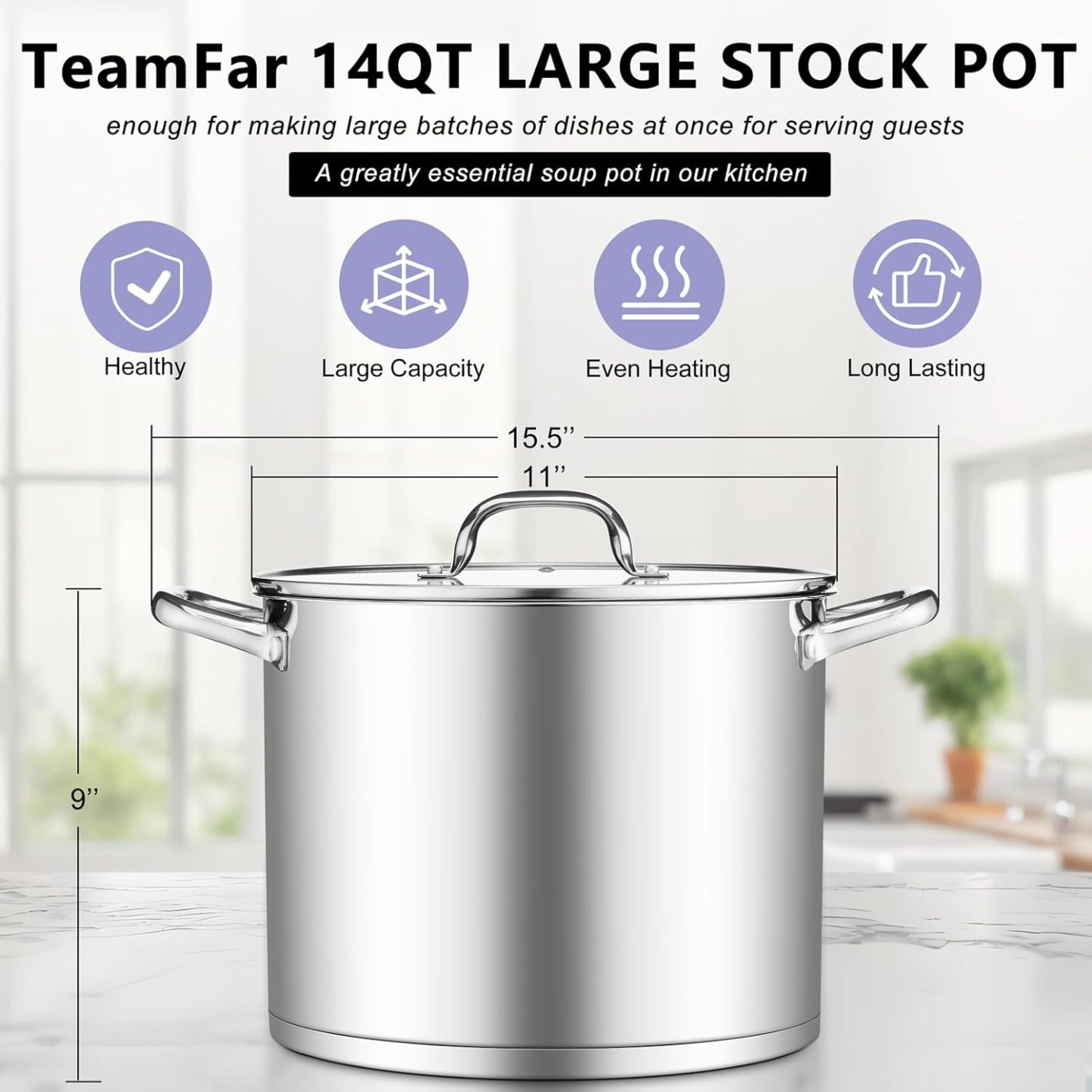 Stockpot Tri-ply Bottom Cooking Soup Pot with Glass Lid, for Induction Gas Glass Stovetops, Non Toxic & Heavy Duty, Large Size & Easy Clean