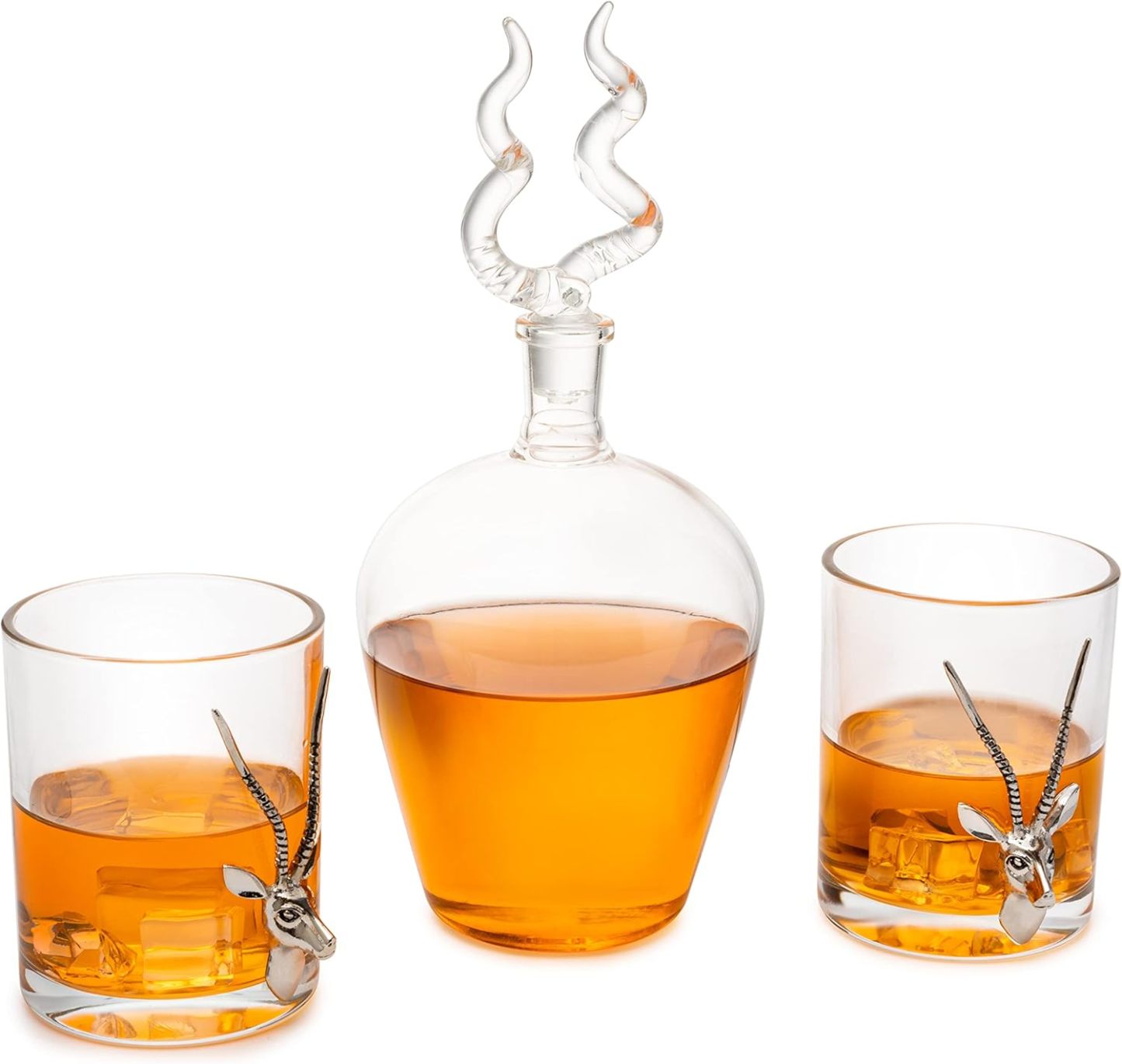 Stag Antler Whiskey & Wine Decanter Set 8.5" H with 2 Stag 12oz Glasses - Hunting Liquor Scotch Bourbon