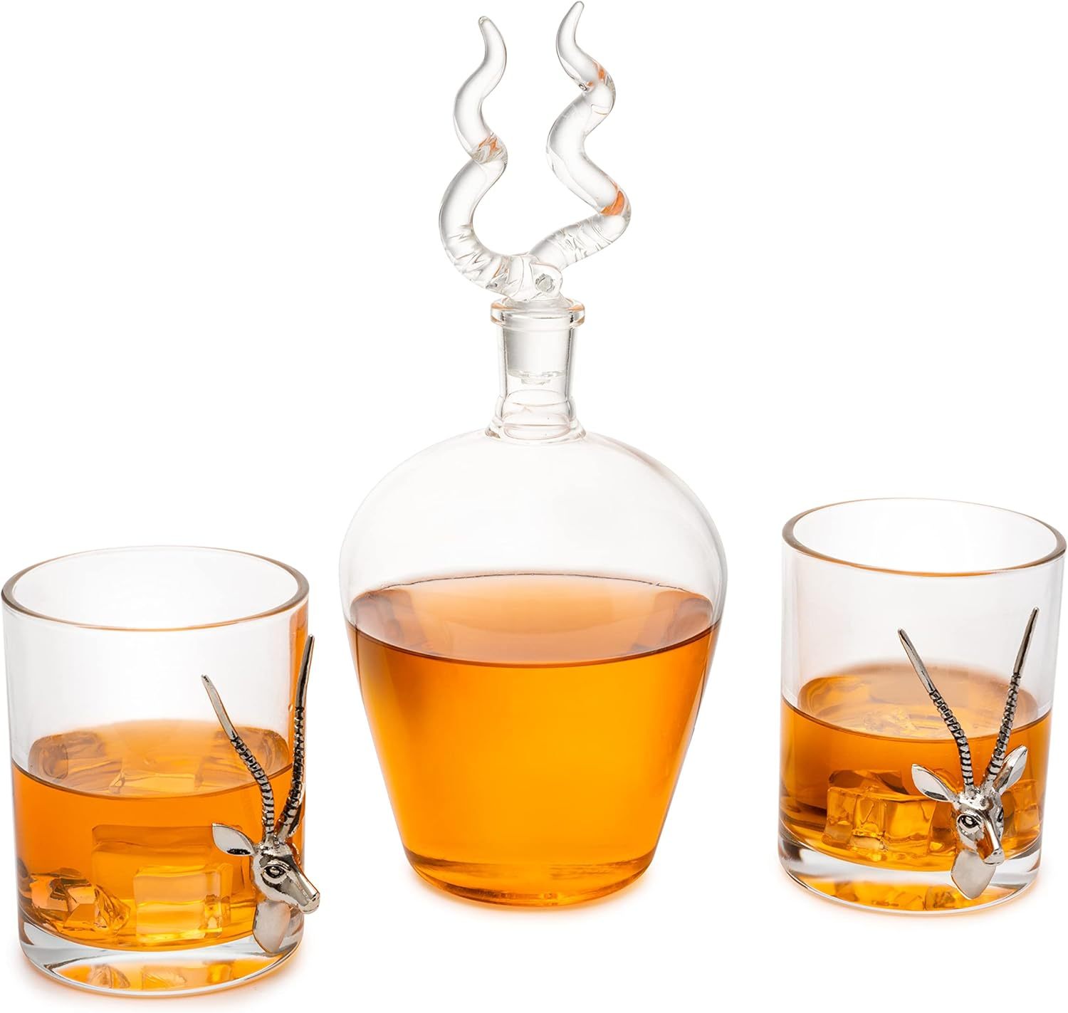 Stag Antler Whiskey & Wine Decanter Set 8.5" H with 2 Stag 12oz Glasses - Hunting Liquor Scotch Bourbon