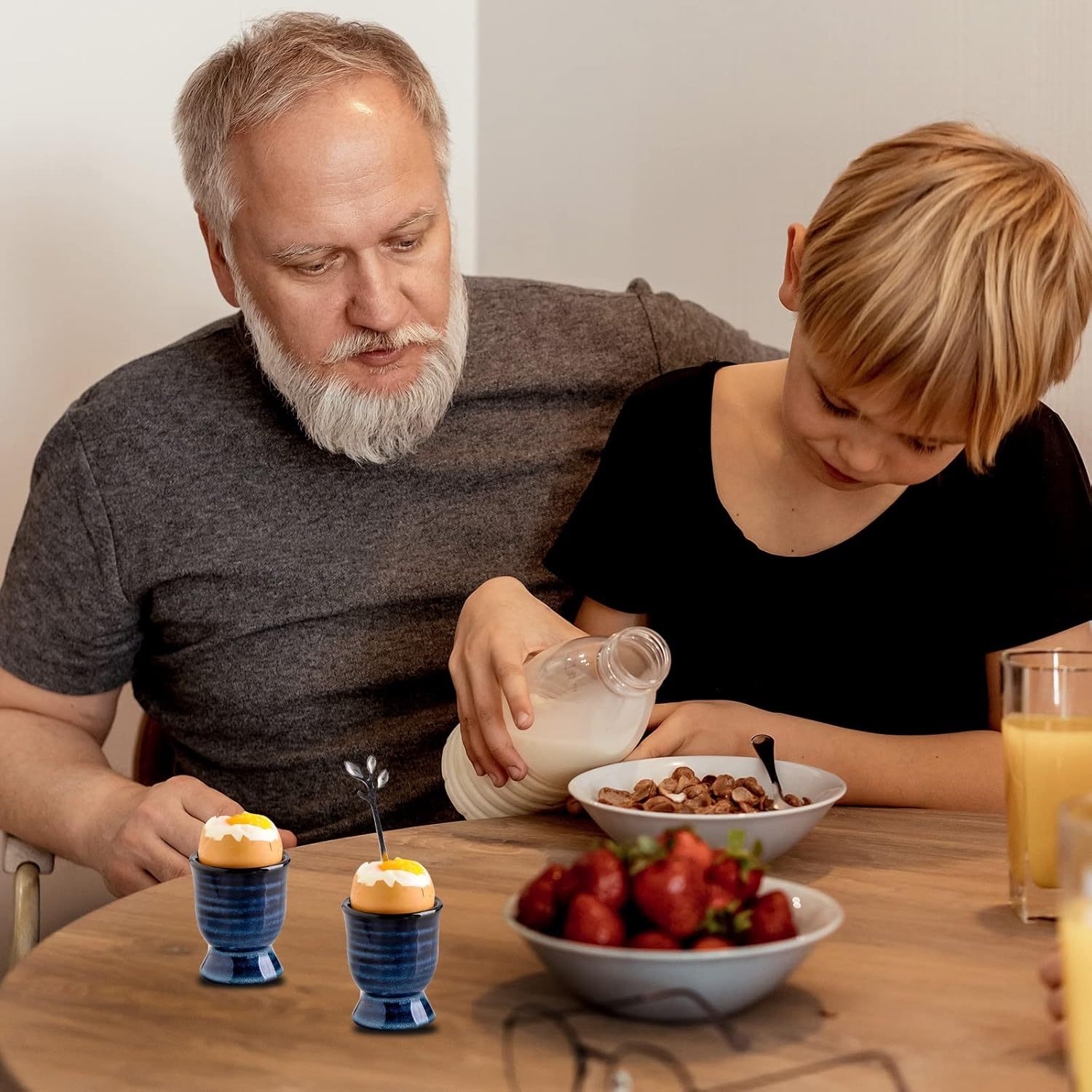 Ceramic Eggs Cups for Soft Boiled Eggs, Porcelain Egg Stand Holders for Hard Boiled Eggs for Breakfast Kitchen Decorative, Set of 2, Blue