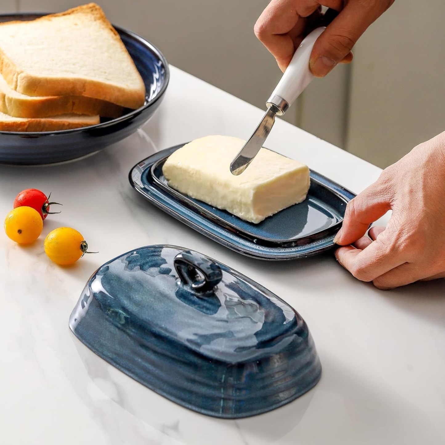 Butter Dish with Lid and Ceramic Spoon Rest Set for Countertop, 2 Pieces Navy Reactive Glaze Dinnerware Accessories Set Perfect for Home Decor