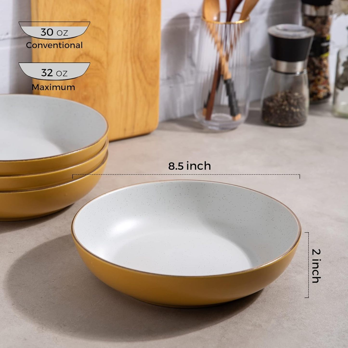 8.5'' Stoneware Pasta Bowls, 32oz Large Speckled Bowls Set of 4 for Kitchen, Wide Bowls for Pasta,Salad,Oatmeal, Microwave&Dishwasher Safe, Matte Yellow
