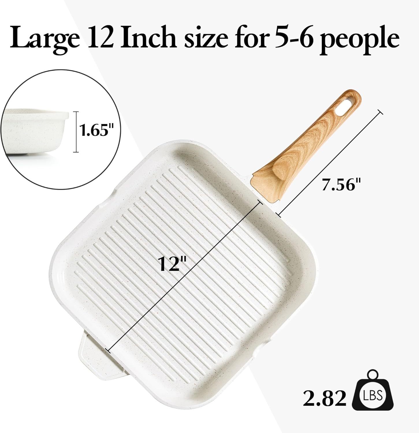 12Inch Nonstick Ceramic Grill Pan for Stove Tops, Square Grilling Pan with Pour Spouts, Non Toxic Durable Grill Skillet for All Stoves(Gas,Electric,Induction) PTFE,PFAS,PFOA Free, (White)