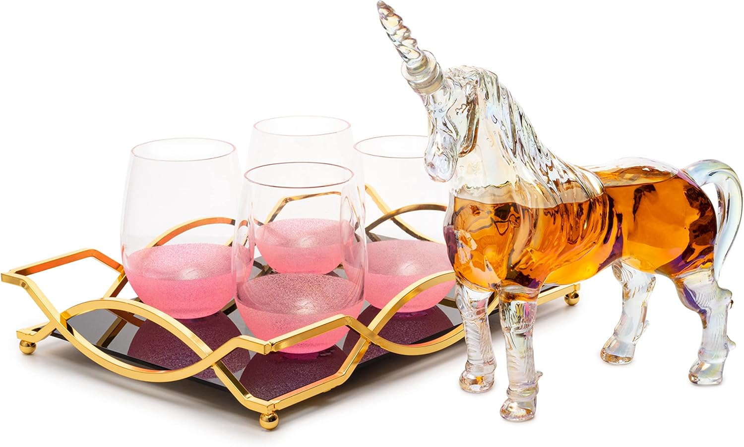 Iridescent Unicorn Wine Whiskey Decanter Set 750ml With 4 Pink Sparkle Glasses for Wine, Whiskey, Scotch, Tequila or Any Drink