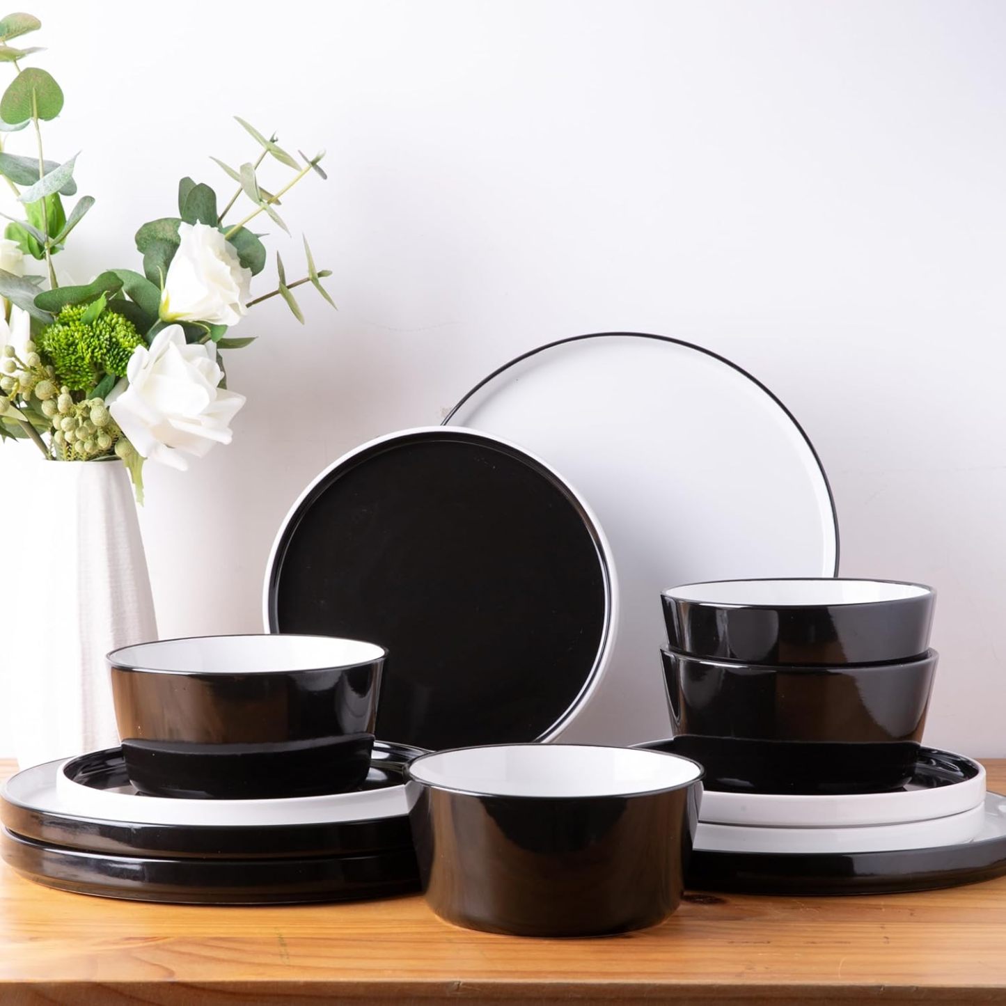 Dinnerware Sets for 4, 12 Piece Stoneware Plates and Bowls Set, Chip and Crack Resistant Plates Set, Dishwasher & Microwave Safe Ceramic Dishes Set - (Black and White, Service for 4)