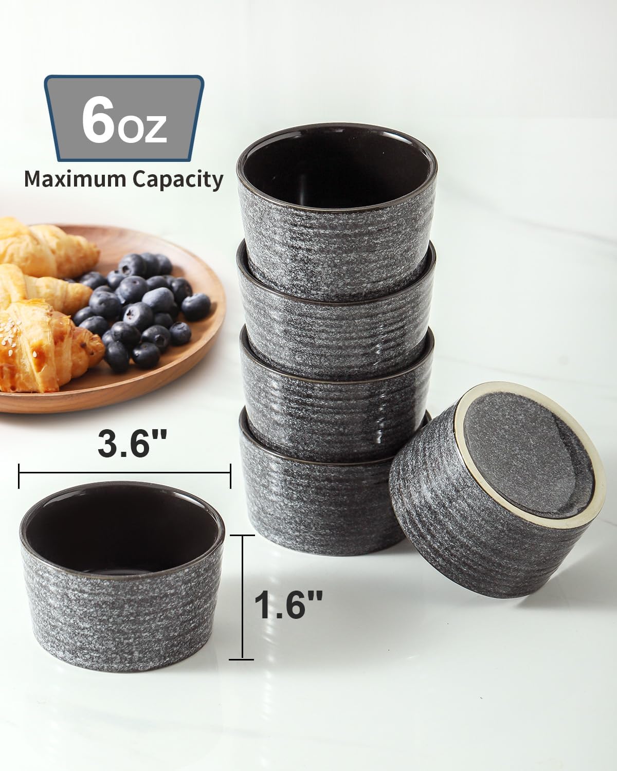 6 oz Ramekins for Baking,Ceramic Souffle Dish Oven Safe Set of 6,Porcelain Dipping Sauce Bowls for Pudding, Creme Brulee, Souffle, Serving Dip, Custard, Ice Cream, Grey