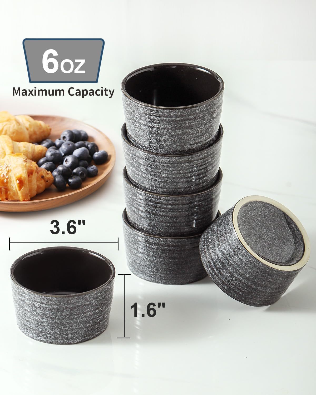 6 oz Ramekins for Baking,Ceramic Souffle Dish Oven Safe Set of 6,Porcelain Dipping Sauce Bowls for Pudding, Creme Brulee, Souffle, Serving Dip, Custard, Ice Cream, Grey