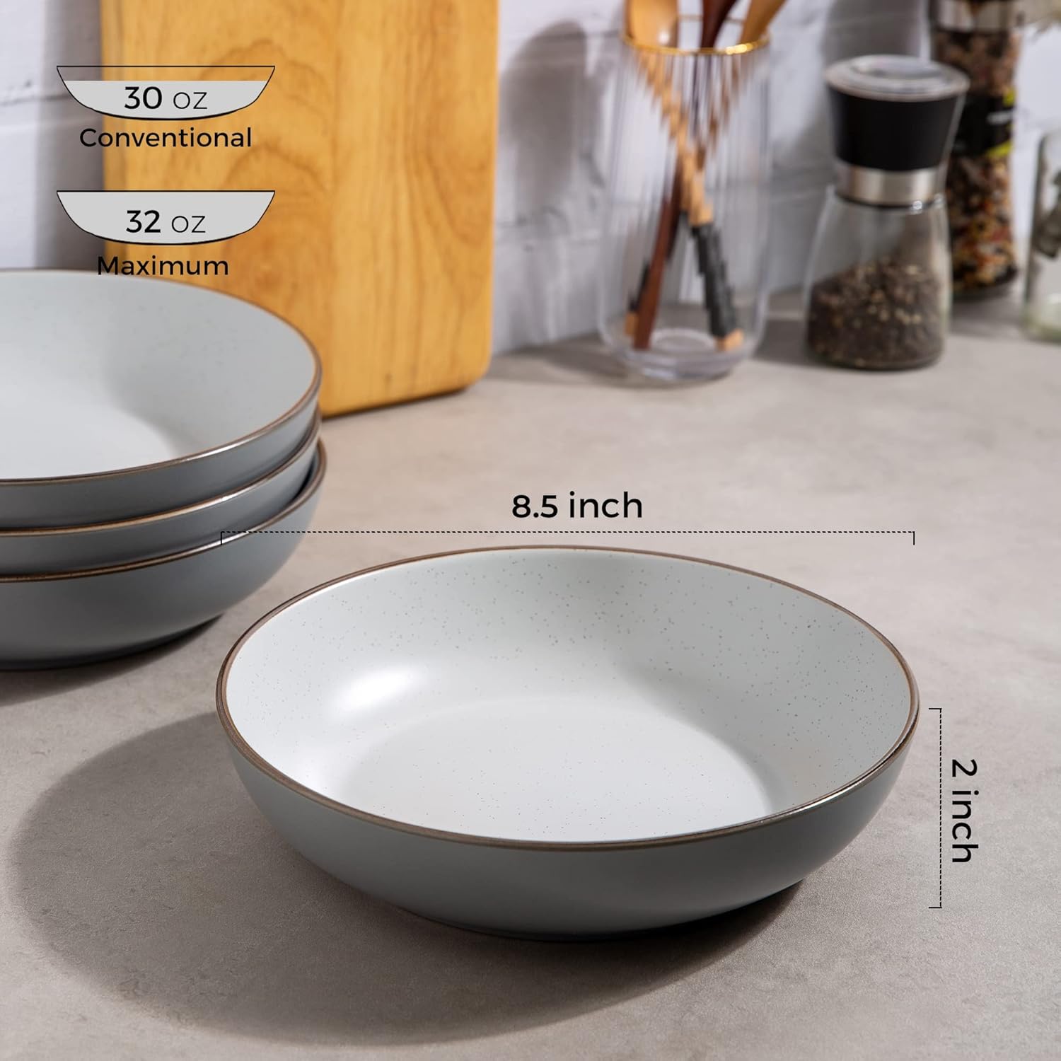 8.5'' Stoneware Pasta Bowls, 32oz Large Speckled Bowls Set of 4 for Kitchen, Wide & Flat Bowls for Pasta,Salad,Oatmeal, Microwave&Dishwasher Safe, Matte Gray
