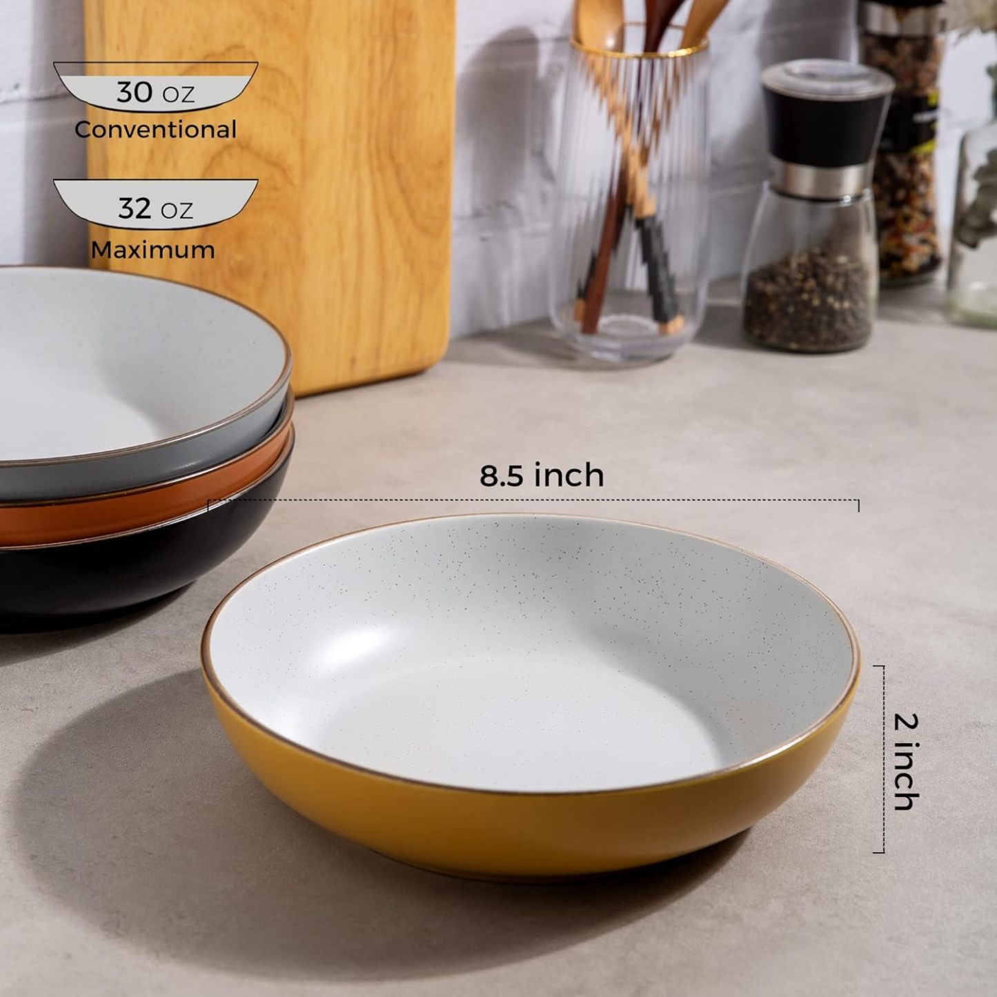 8.5'' Stoneware Pasta Bowls, 32oz Large Speckled Bowls Set of 4 for Kitchen, Wide Bowls for Pasta,Salad,Oatmeal, Microwave&Dishwasher Safe, Mullti-color