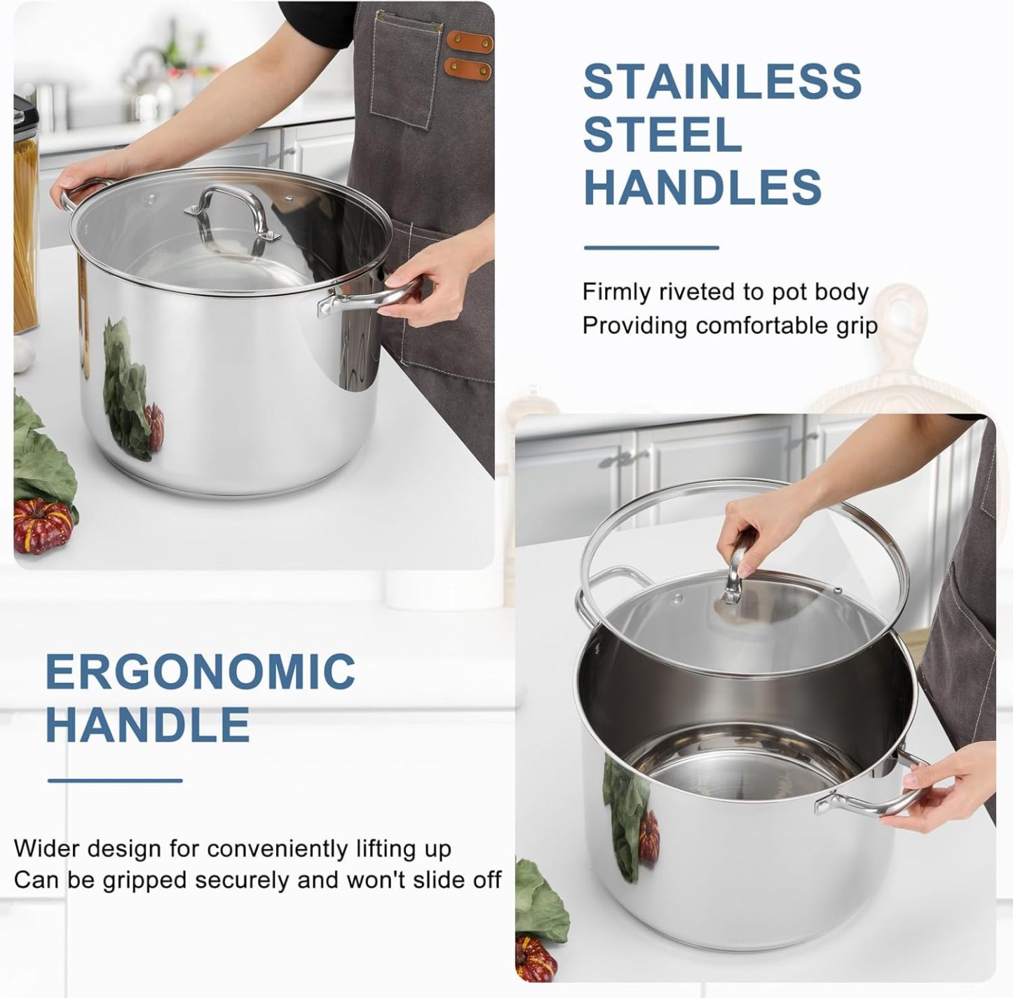 Stockpot Tri-ply Bottom Cooking Soup Pot with Glass Lid, for Induction Gas Glass Stovetops, Non Toxic & Heavy Duty, Large Size & Easy Clean