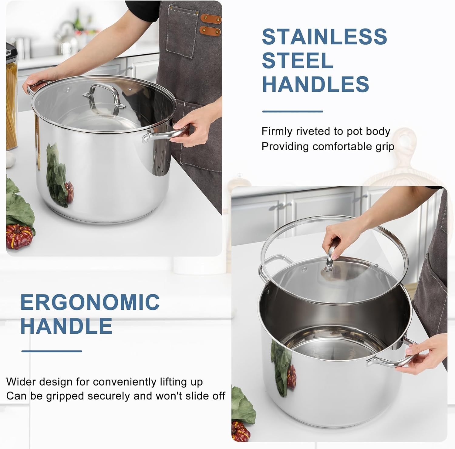 Stockpot Tri-ply Bottom Cooking Soup Pot with Glass Lid, for Induction Gas Glass Stovetops, Non Toxic & Heavy Duty, Large Size & Easy Clean