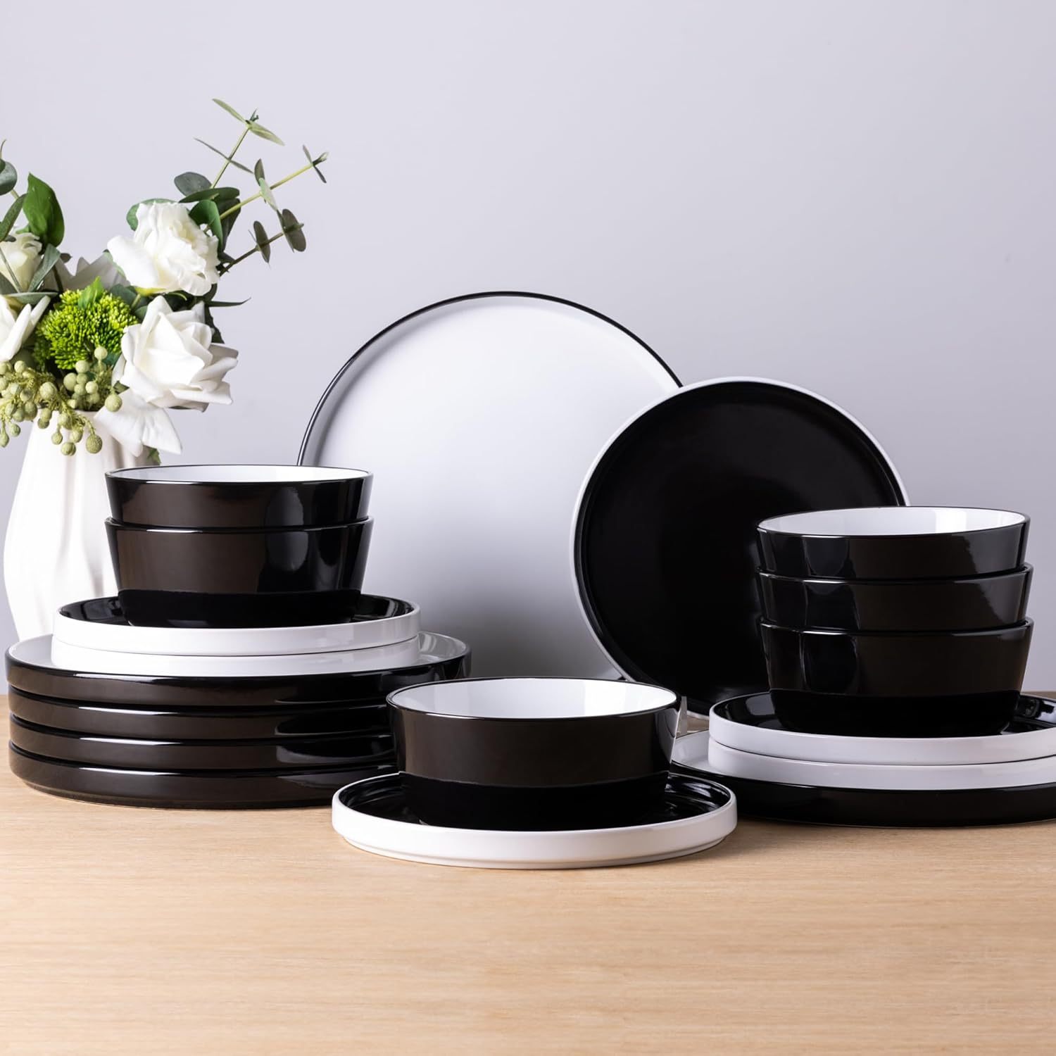 Dinnerware Sets for 6, 18 Piece Stoneware Plates and Bowls Set, Chip and Crack Resistant Plates Set, Dishwasher & Microwave Safe Ceramic Dishes Set - (Black and White, Service for 6)