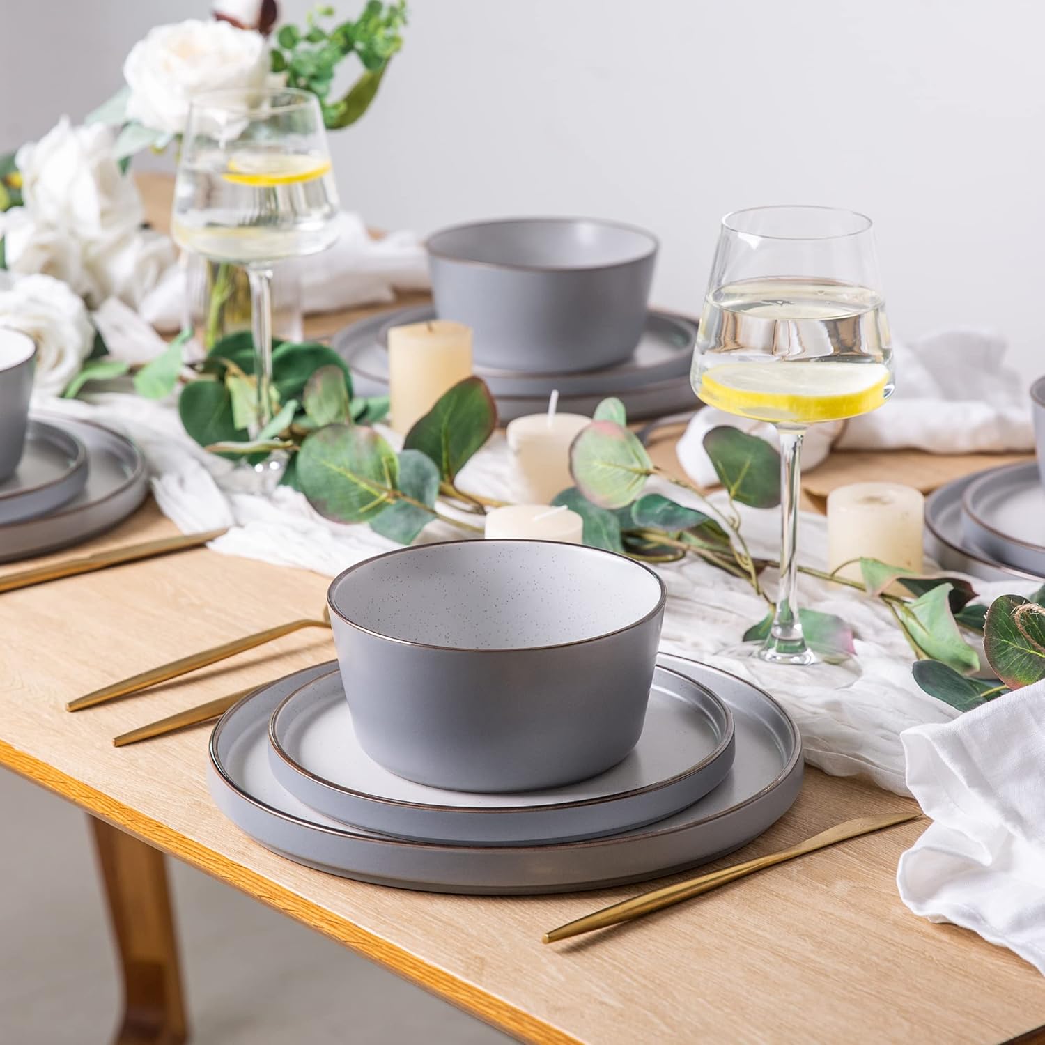 Dinnerware Set for 4, 12 Pieces Ceramic Plates and Bowls Set, Handcrafted Speckled Stoneware Plates Set, Dishwasher & Microwave Safe Dishes Set - (Grey, Service for 4)