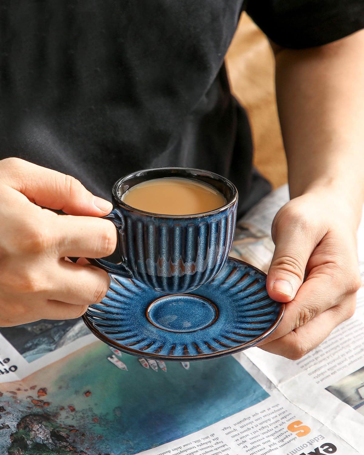 4 Oz Espresso Cups with Saucers Set of 4, Ribbed Cappuccino Cups Ceramic for Coffee,Espresso,Double shot,Latte and Macchiato, Demitasse Cups Set Aesthetic Gift, Blue