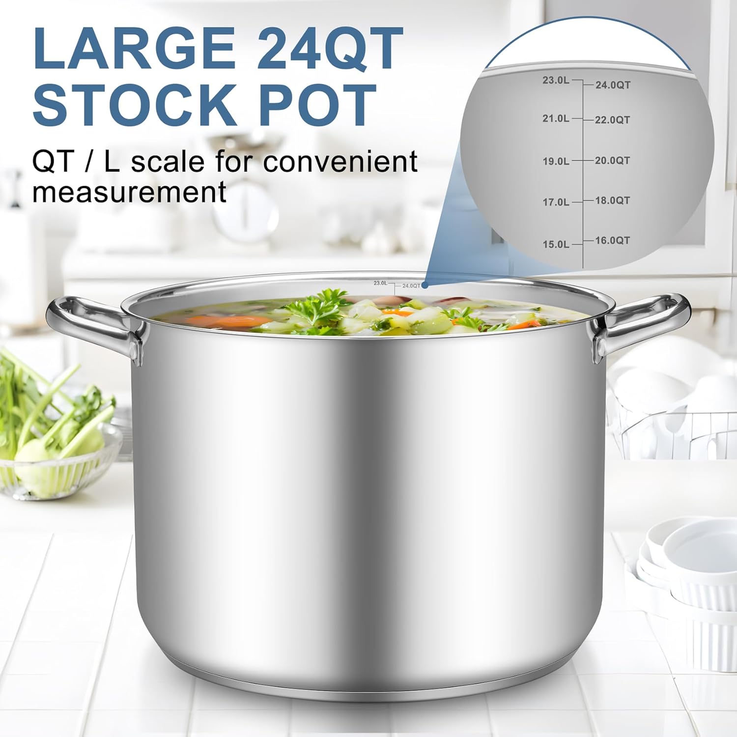Stockpot Tri-ply Bottom Cooking Soup Pot with Glass Lid, for Induction Gas Glass Stovetops, Non Toxic & Heavy Duty, Large Size & Easy Clean