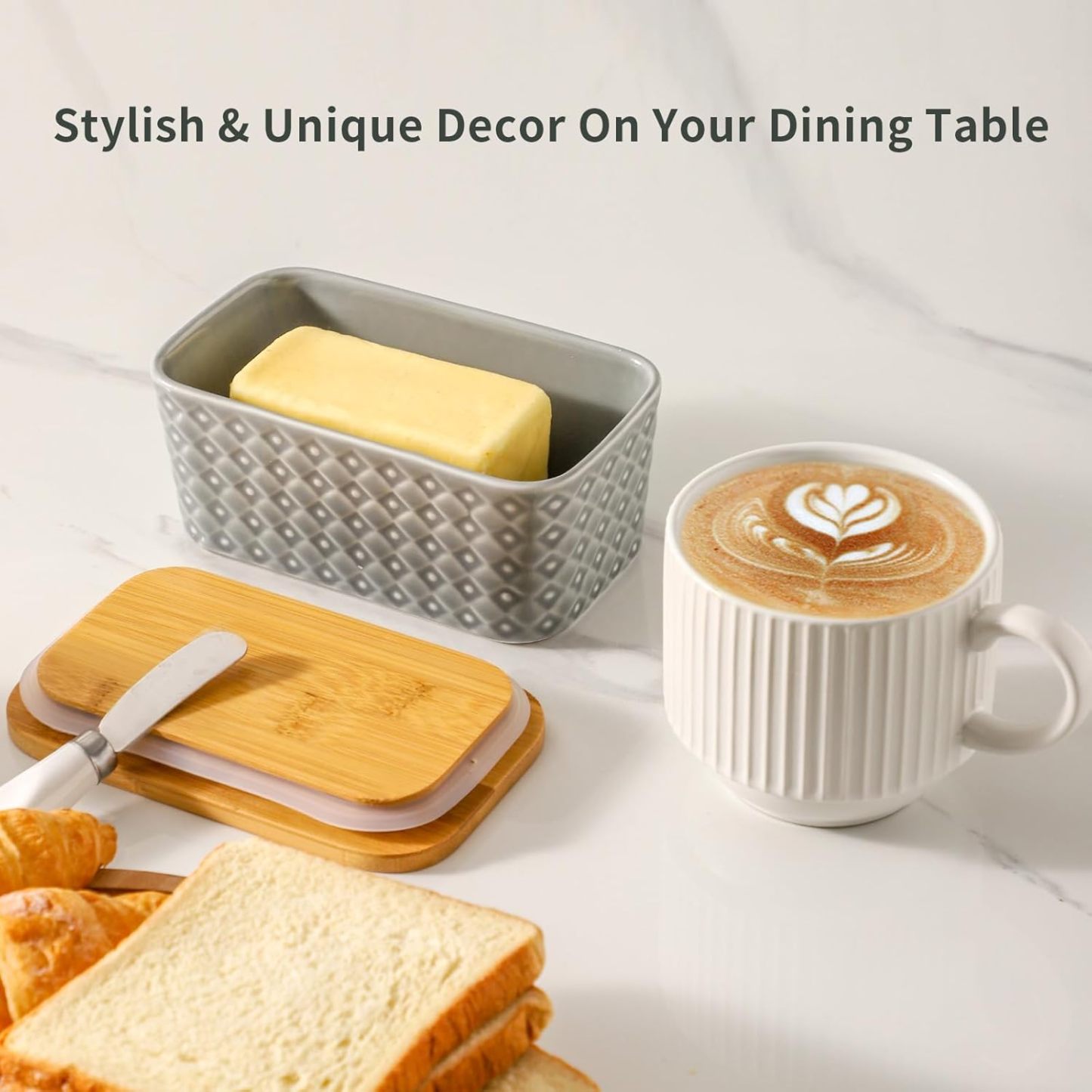 Ceramic Butter Dish with Wooden Lid, Large Butter Container for Countertop Airtight Butter Stick Covered Keeper