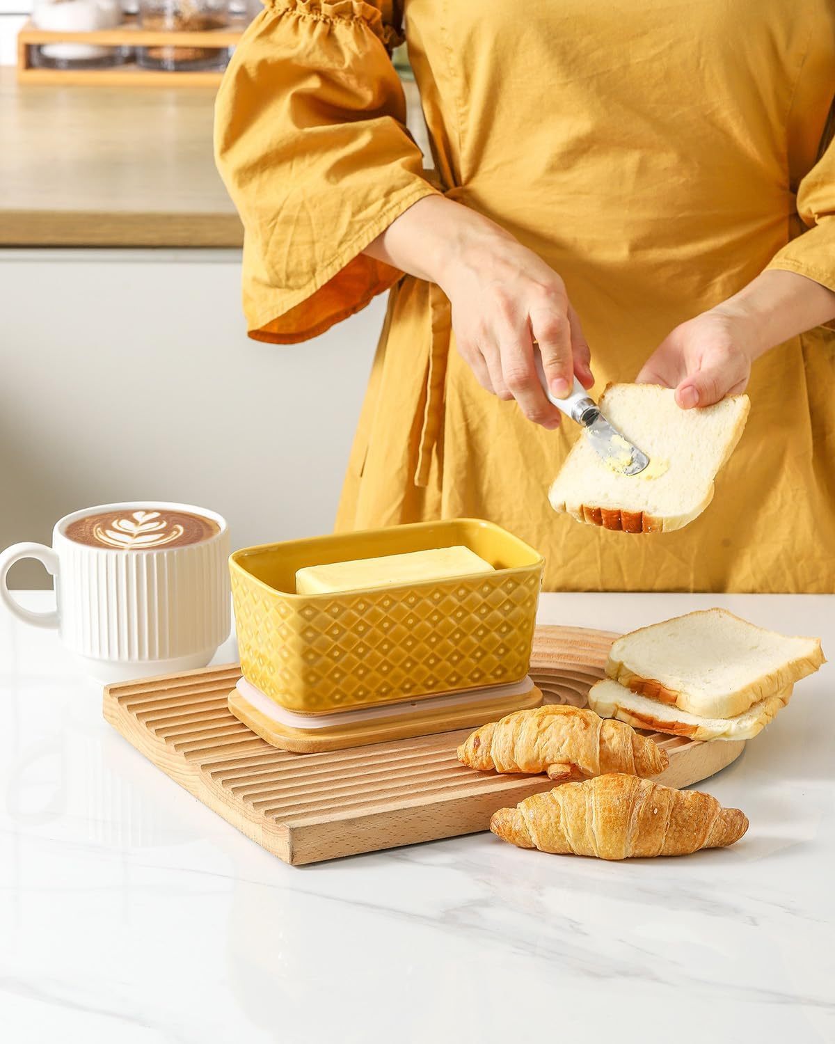 Ceramic Butter Dish with Sealing Lid, Large Yellow Butter Container for Countertop Airtight Butter Stick Covered Keeper Storage