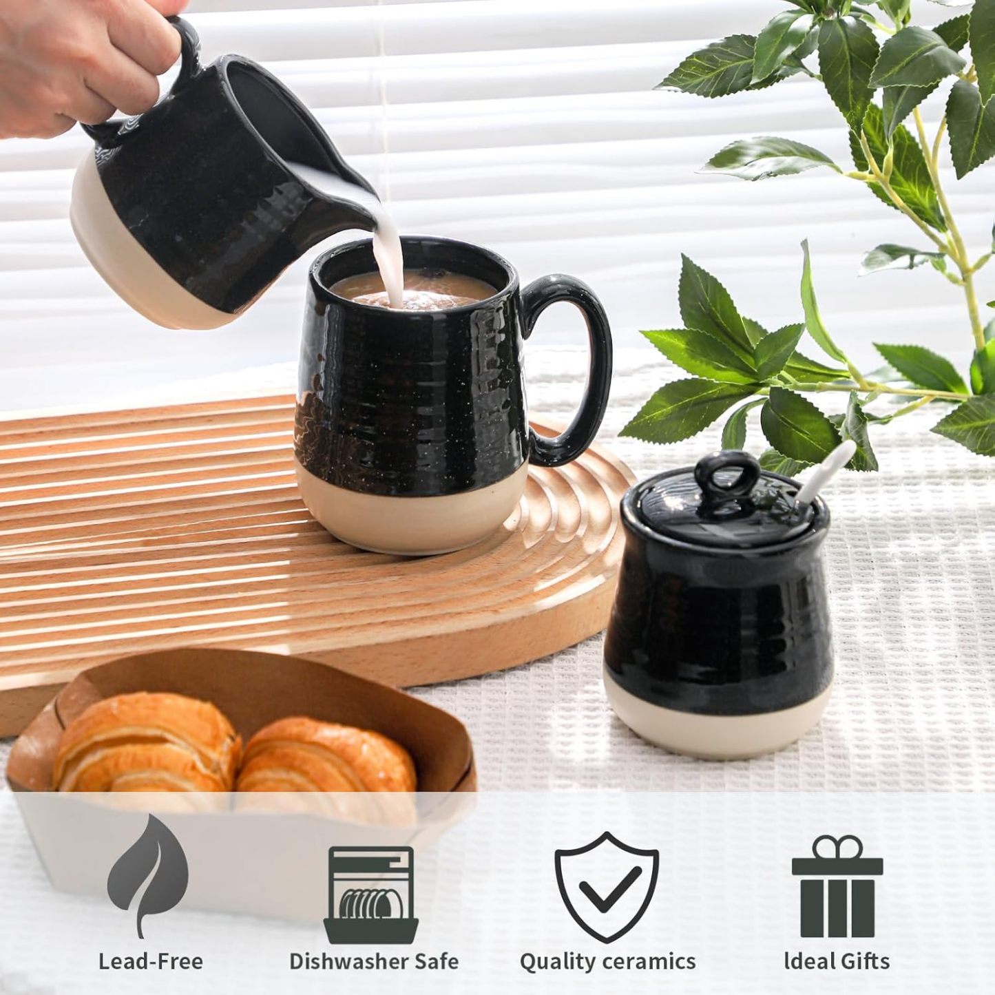 Sugar and Creamer Set, 3 Piece Porcelain Coffee Serving Set with Cream Pitcher, Sugar Bowl, Lid & Spoon, 10 Ounce Creamer Container and Sugar Pot