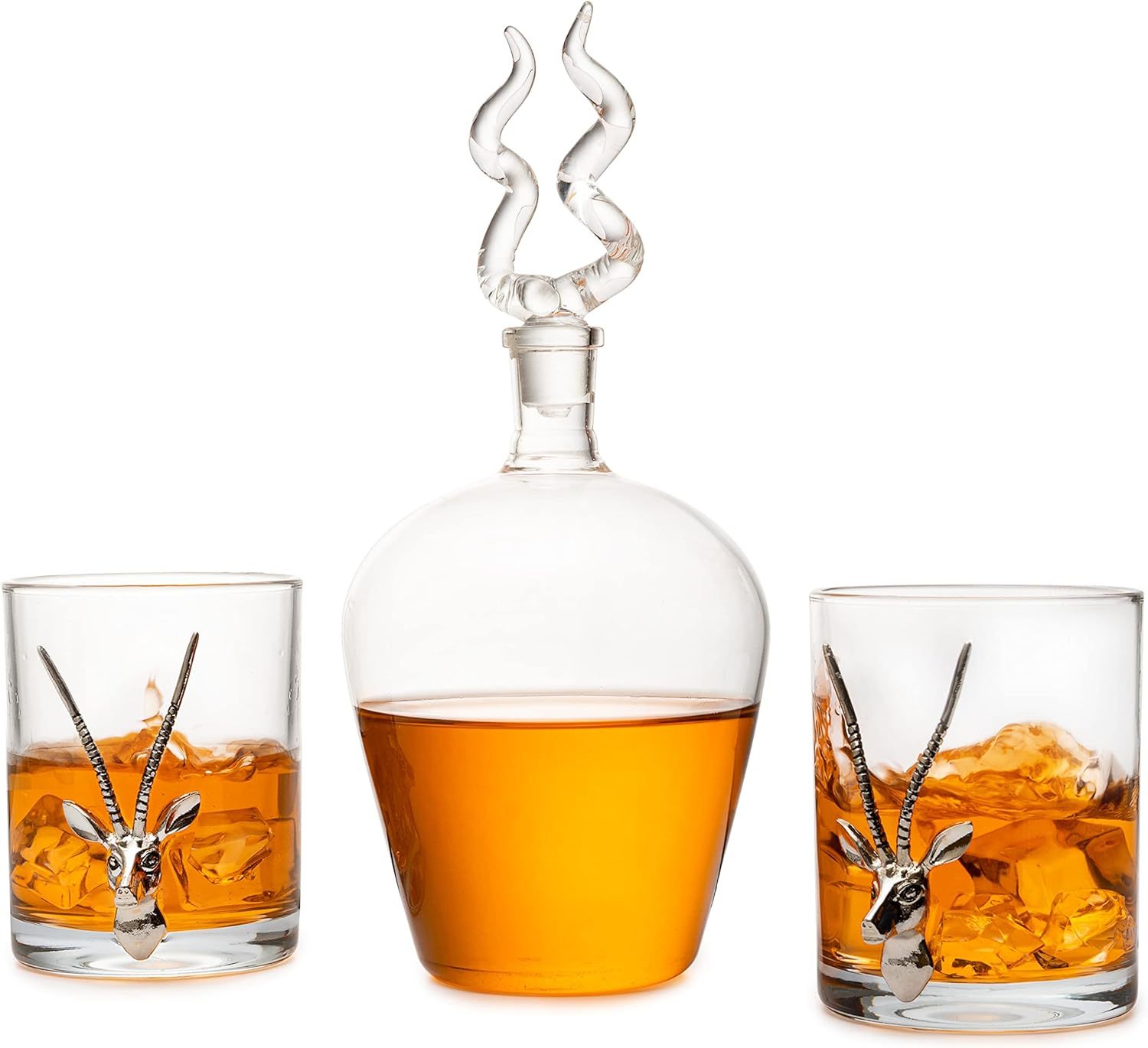 Stag Antler Whiskey & Wine Decanter Set 8.5" H with 2 Stag 12oz Glasses - Hunting Liquor Scotch Bourbon