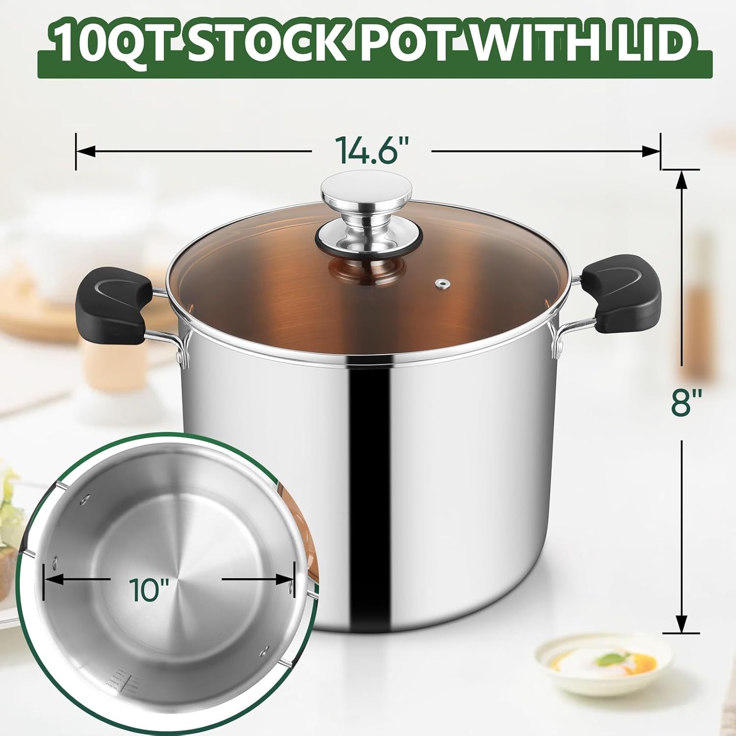 Stainless Steel Tri-ply Pasta Cooking Pot & Glass Lid with Heat-proof Handles, for Cooking Baking Boiling, Non-toxic & Heavy Duty, Various Stovetops & Dishwasher Safe