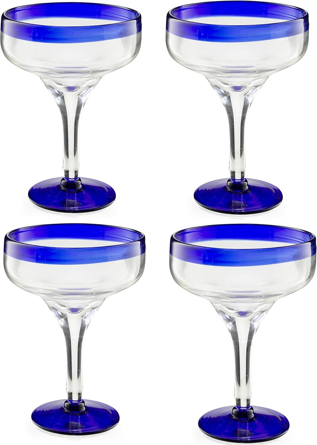 Set of 4 Large 16oz, Cobalt Blue Rim Line, Luxury Margarita & Cocktail Glasses, Mexico Design Large 16oz