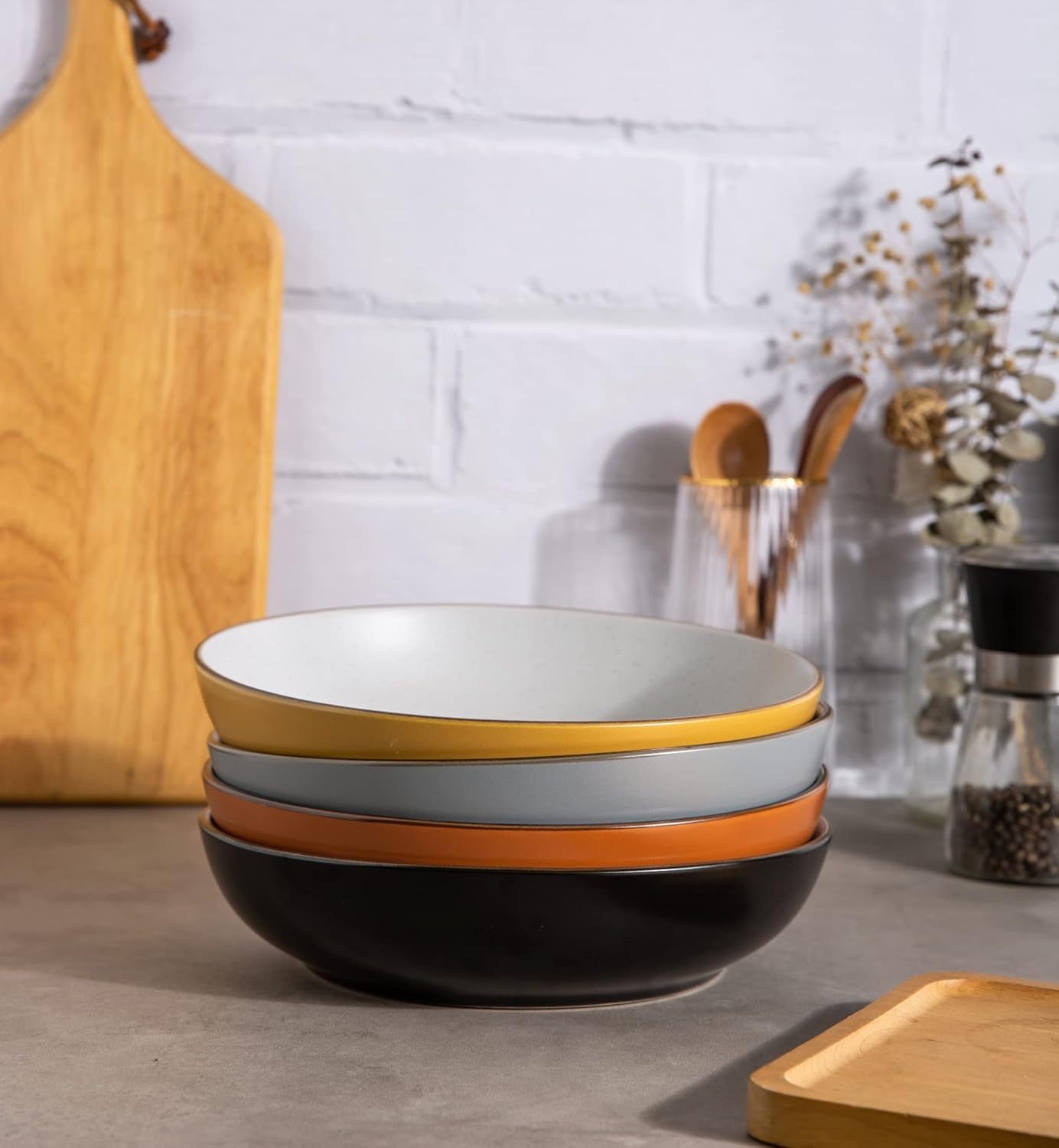 8.5'' Stoneware Pasta Bowls, 32oz Large Speckled Bowls Set of 4 for Kitchen, Wide Bowls for Pasta,Salad,Oatmeal, Microwave&Dishwasher Safe, Mullti-color