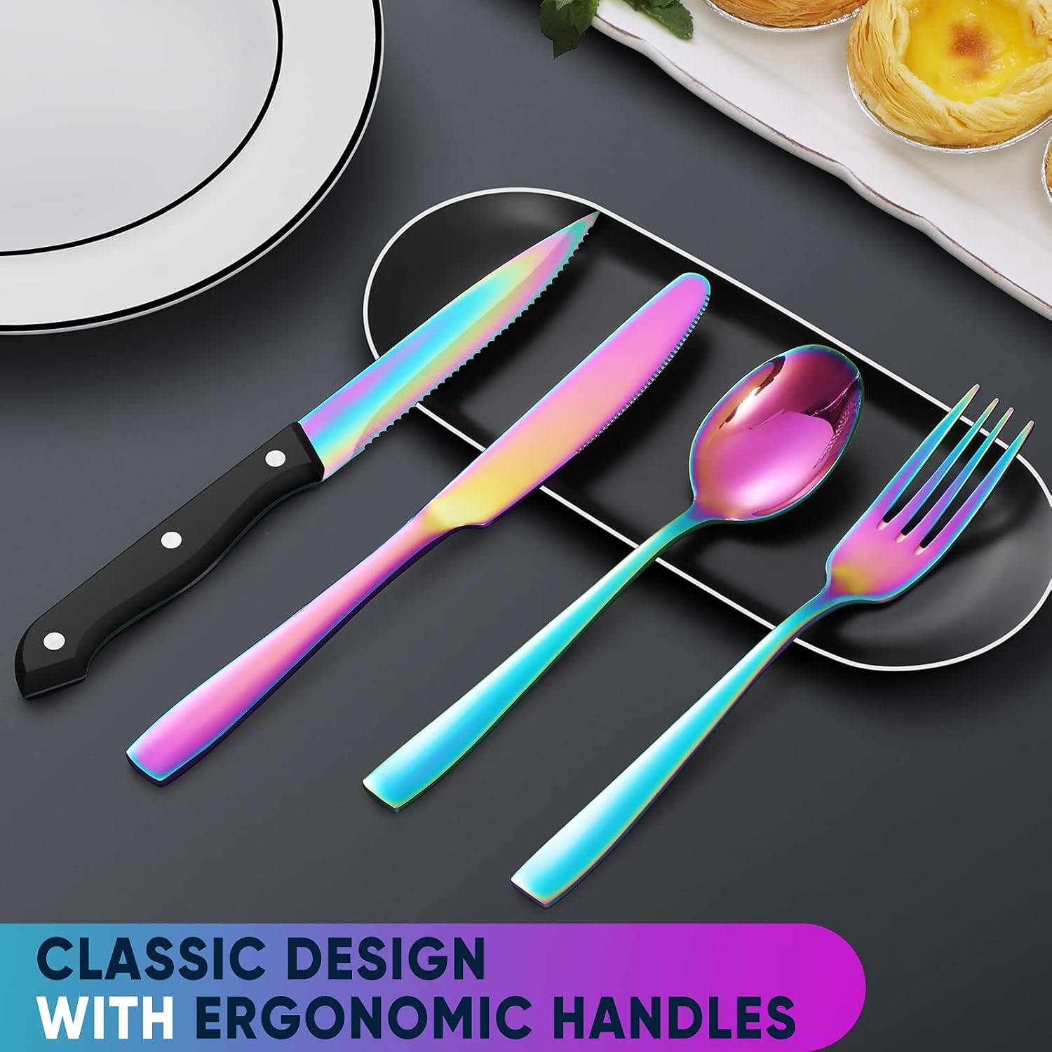 48 Pieces Rainbow Silverware Set with Steak Knives for 8, Stainless Steel Flatware Cutlery Set For Home Kitchen Restaurant, Dishwasher Safe