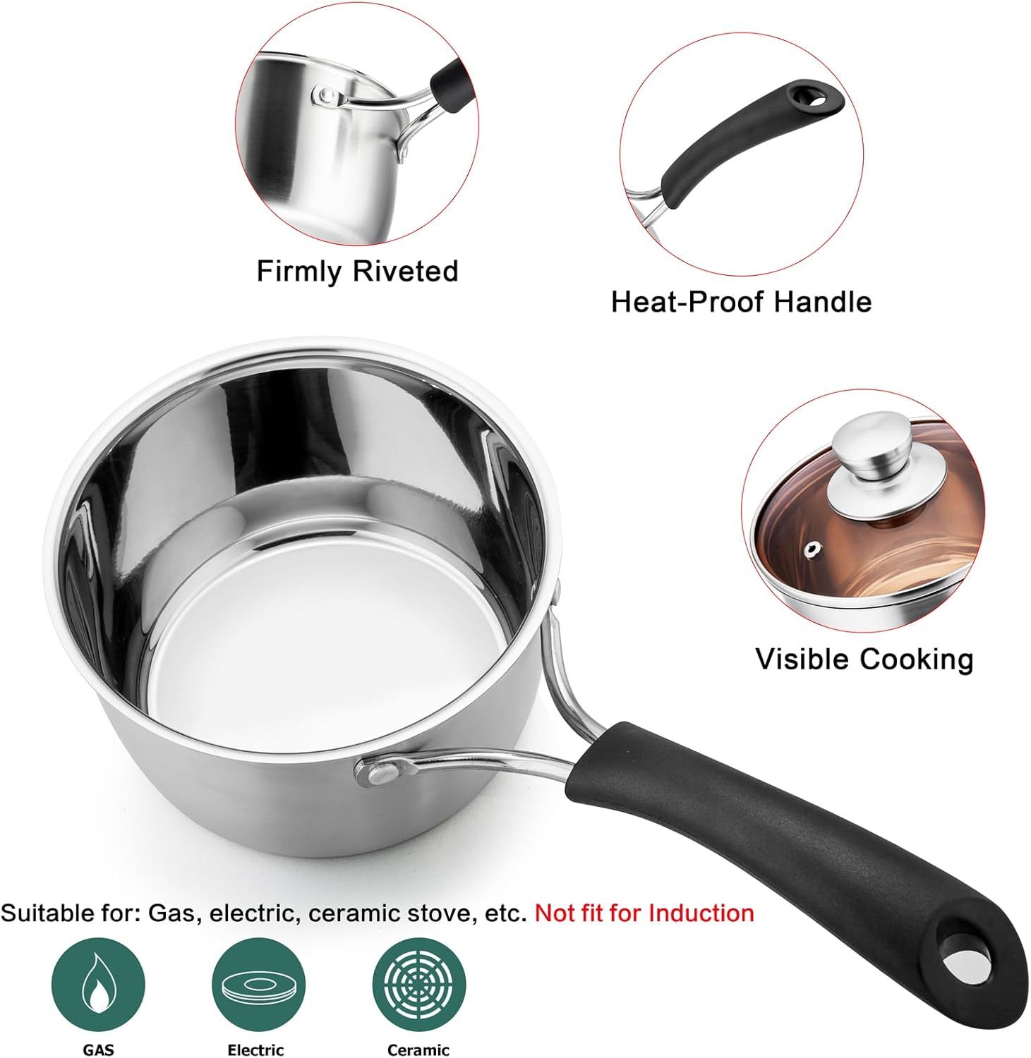 1qt & 2qt Saucepan with Lid, Stainless Steel Small Cooking Pot, Milk Sauce Pan with Long Handle for Home Kitchen, Non-Toxic & Heavy-Duty, Multi-use & Dishwasher Safe