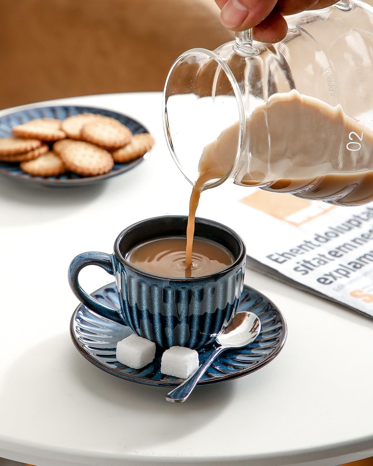 4 Oz Espresso Cups with Saucers Set of 4, Ribbed Cappuccino Cups Ceramic for Coffee,Espresso,Double shot,Latte and Macchiato, Demitasse Cups Set Aesthetic Gift, Blue