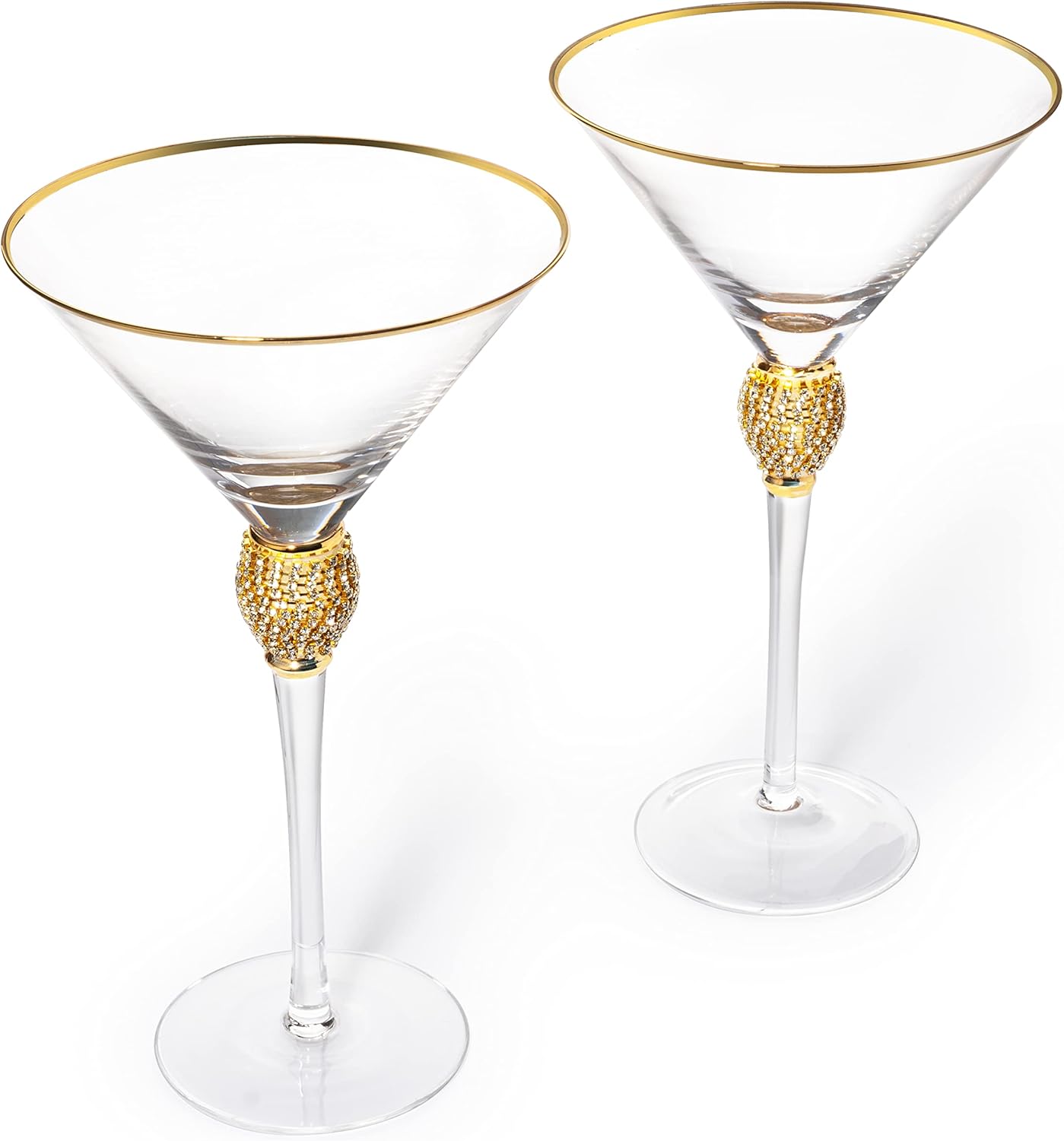 Diamond Collection 2 Piece Stemmed Martini Set - Rhinestone For Drinking Martinis , Manhattans, Vodka, Gin, Cocktails Gold Accent Cocktail Glasses