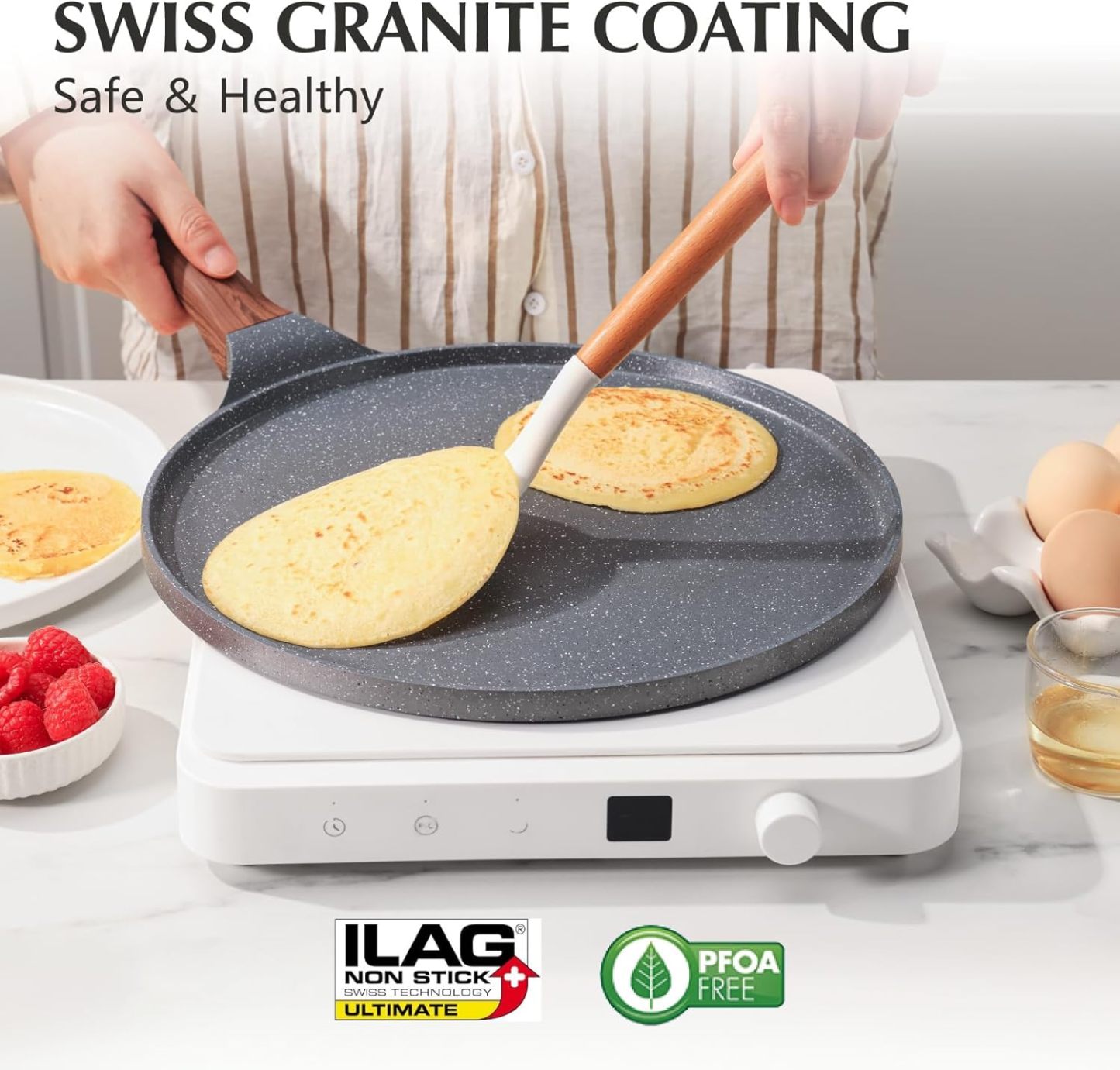 Nonstick Crepe Pan, Swiss Granite Coating Dosa Pan Pancake Flat Skillet Tawa Griddle 10-Inch with Stay-Cool Handle, Induction Compatible, PFOA Free