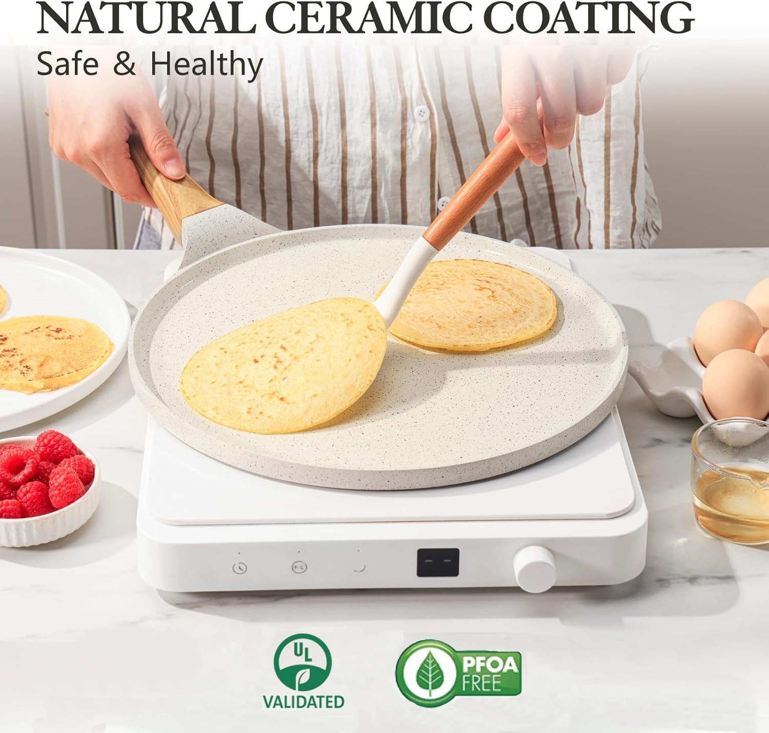 Nonstick Crepe Pan with Spreader, 12-Inch Natural Ceramic Coating Dosa Pan Pancake Flat Skillet Tawa Griddle with Stay-Cool Handle, Induction Compatible, PFOA Free (White)