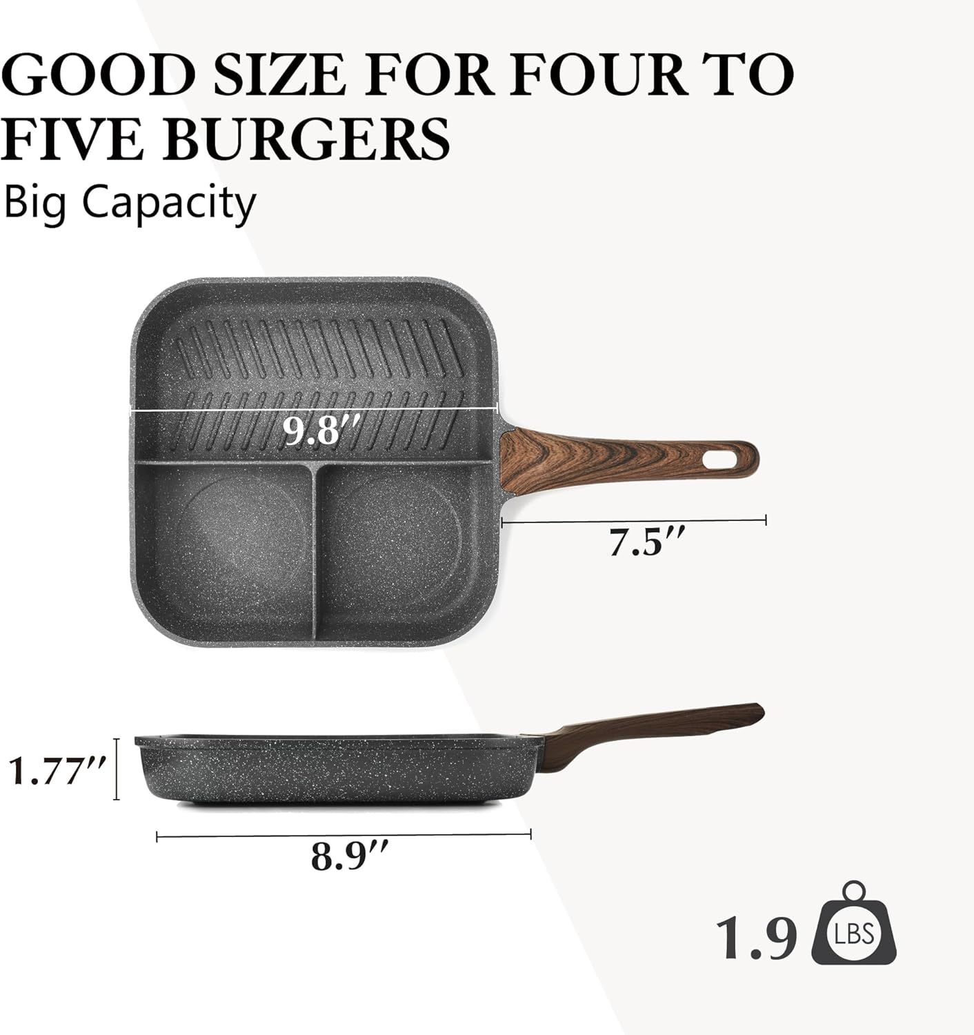 9.5 Inch Nonstick Divided Grill Pan for Stove Tops, 3-Section Versatile Breakfast Grilling Pan, Durable Square Grill Skillet, Steak Griddle Pan, PFOA, PFOS, APEO Free, Induction Compatible