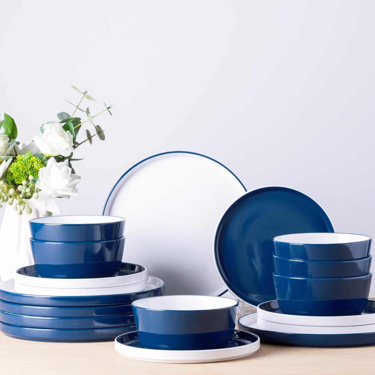Dinnerware Sets for 6, 18 Piece Stoneware Plates and Bowls Set, Chip and Crack Resistant Plates Set, Dishwasher & Microwave Safe Ceramic Dishes Set - (Blue and White, Service for 6)