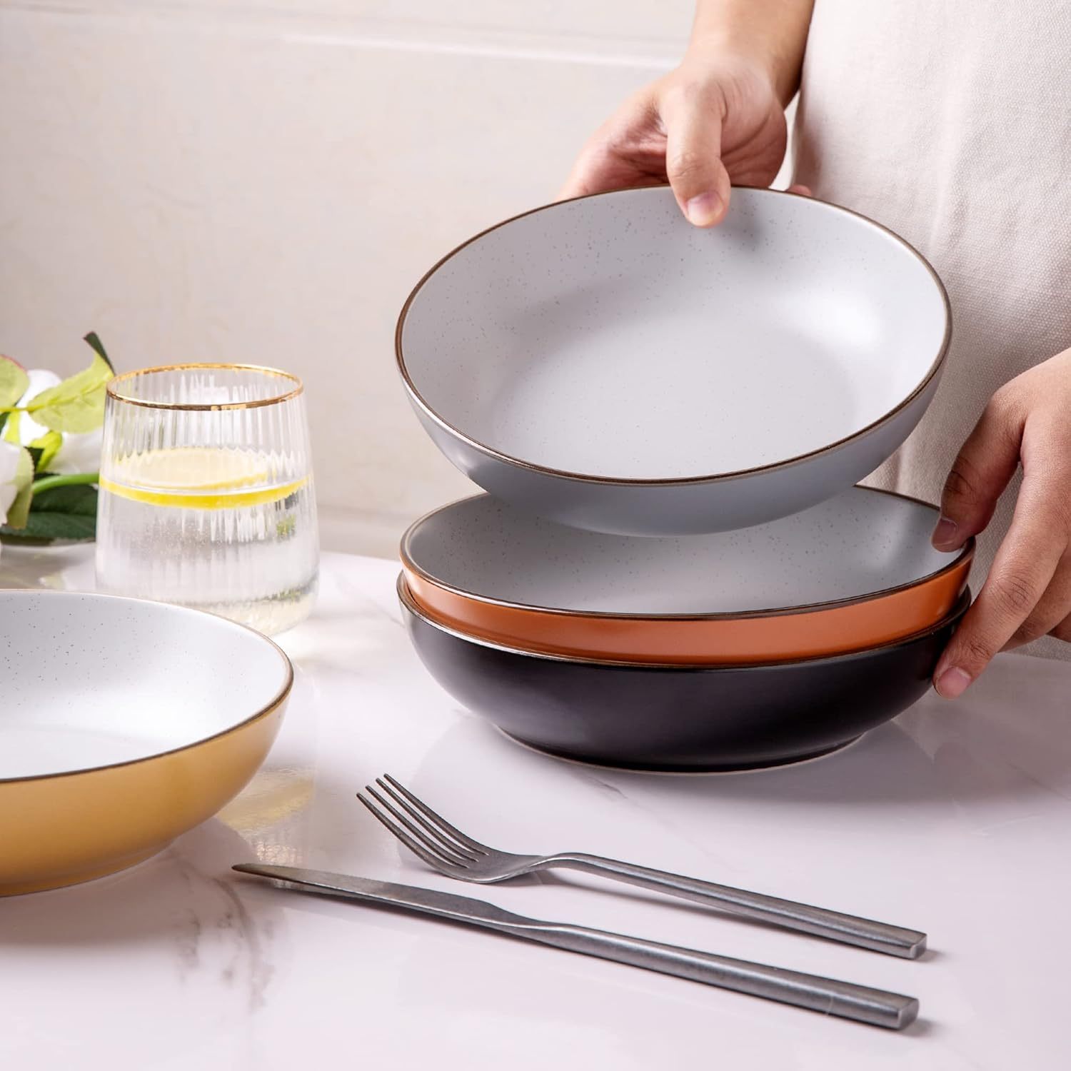 8.5'' Stoneware Pasta Bowls, 32oz Large Speckled Bowls Set of 4 for Kitchen, Wide Bowls for Pasta,Salad,Oatmeal, Microwave&Dishwasher Safe, Mullti-color