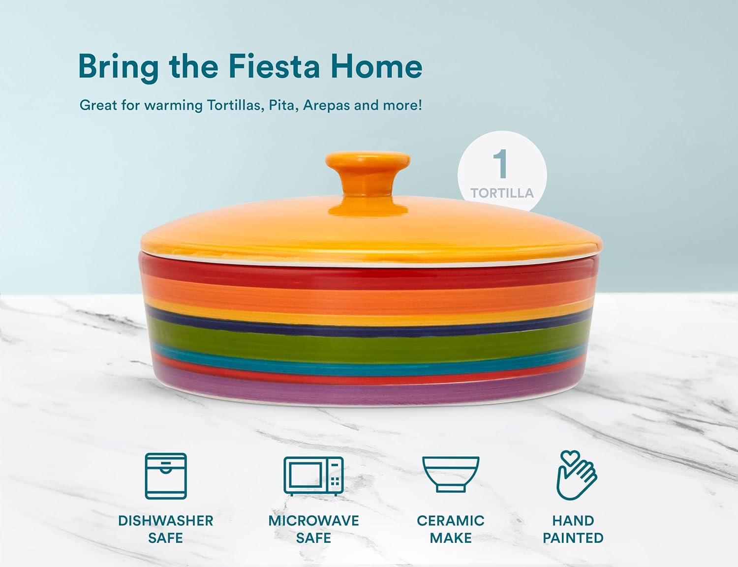 Tortilla Holder, Taco Bar, Ceramic Hand-Painted with Lid, Authentic, Microwavable Storage Container, Dishwasher Safe, 8.5 Inch, Multicolor