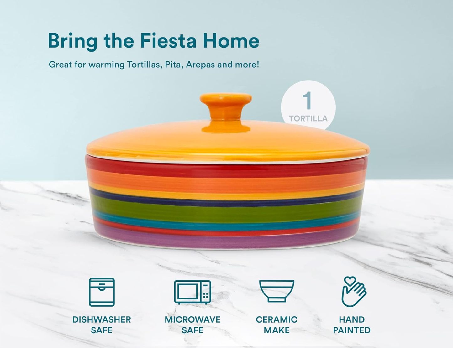 Tortilla Holder, Taco Bar, Ceramic Hand-Painted with Lid, Authentic, Microwavable Storage Container, Dishwasher Safe, 8.5 Inch, Multicolor