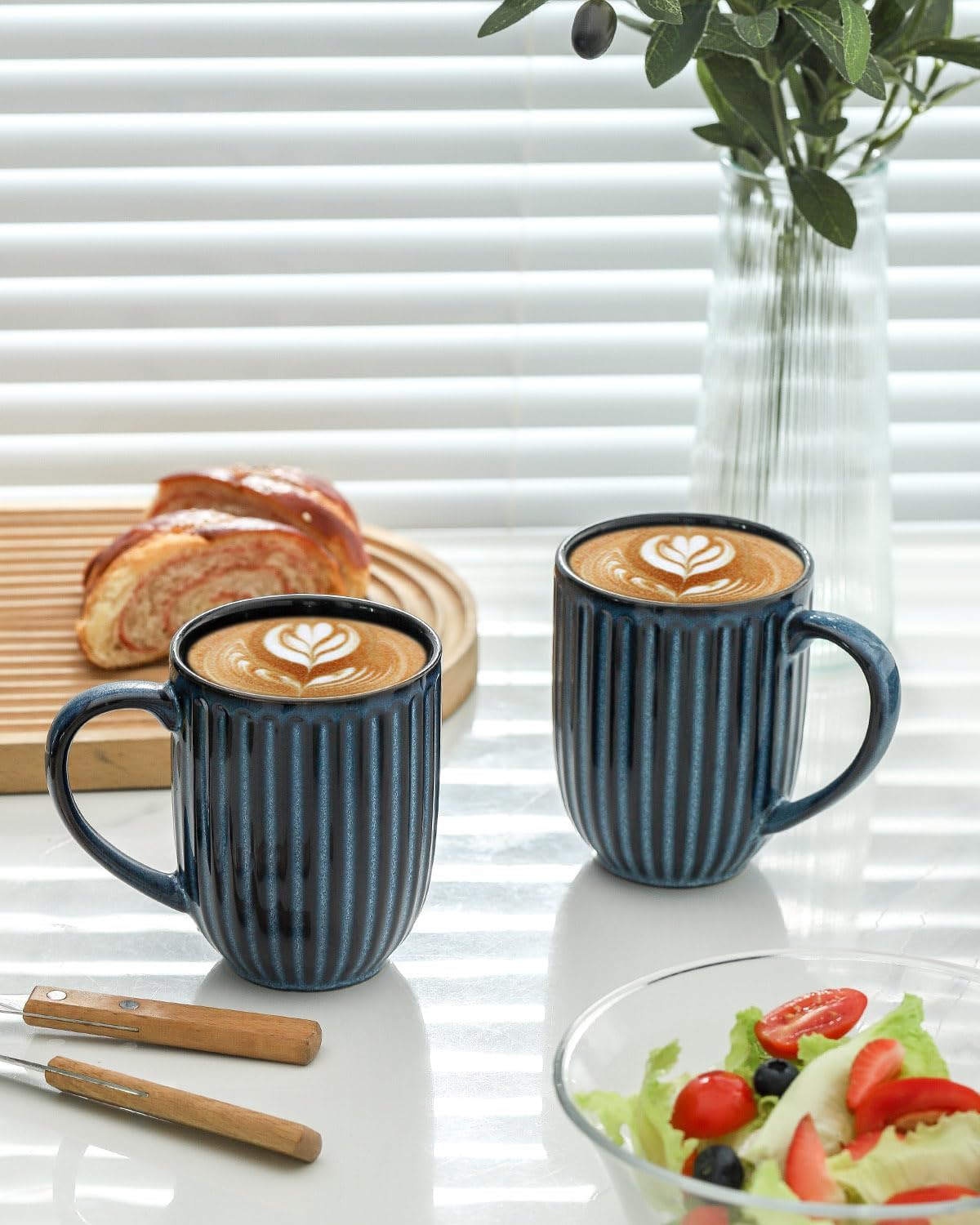 Coffee Mugs Set, 16 oz Ceramic Coffee Cups, Ribbed Tea Cup Set of 6, Latte Mugs for Tea and Cocoa, Dishwasher & Microwave Safe