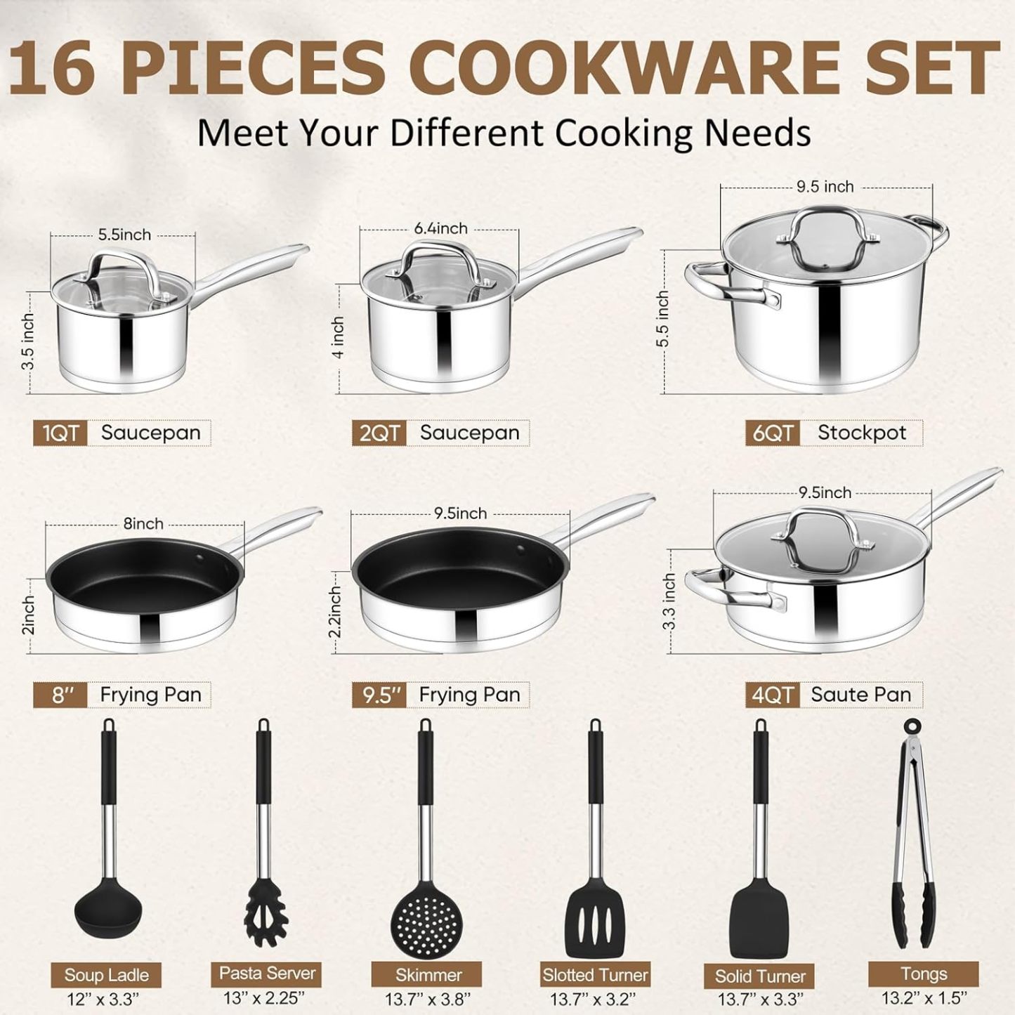10-Piece Stainless Steel Cookware, Kitchen Cooking Pots and Pans Set w/Stock Pot Saucepan Sauté Pan Frying Pans 6PCS Silicone Cooking Utensils, Induction, Oven, Dishwasher Safe