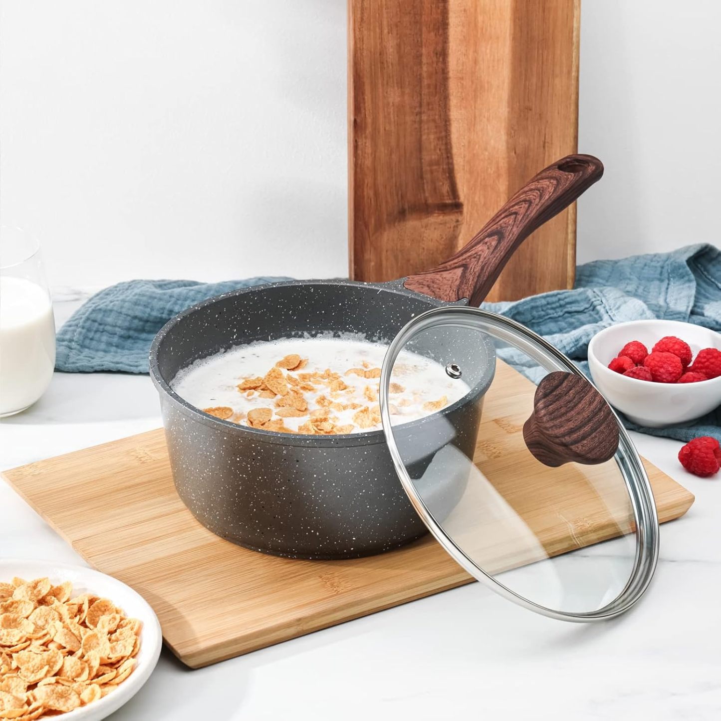 Nonstick Saucepan with Lid, 1.5 Quarts Small Pot with Swiss Granite Coating, Stay-cool Handle, Multipurpose Handy Sauce Pot Small Kitchen Cooking Pot, Induction Comptable, PFOA Free