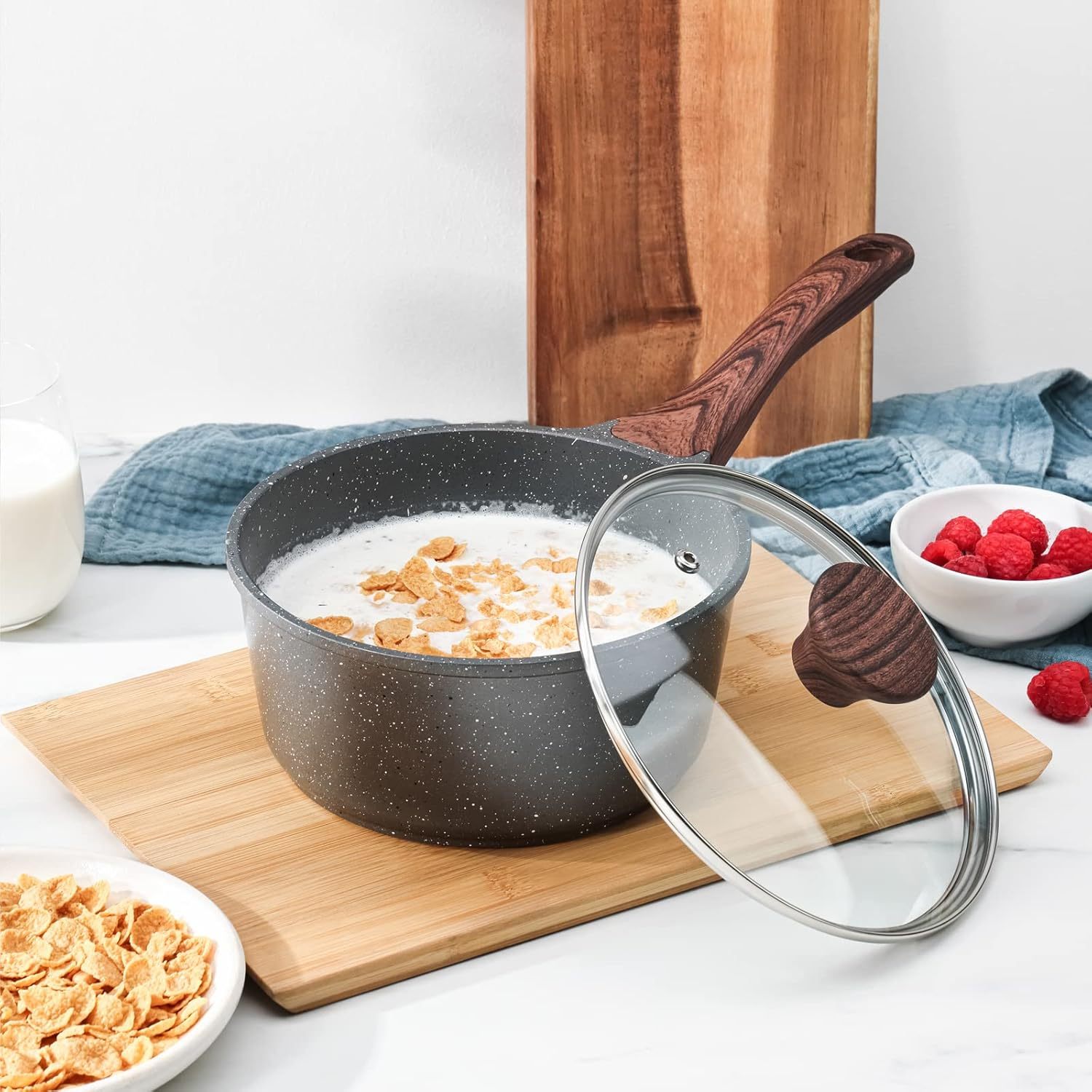 Nonstick Saucepan with Lid, 1.5 Quarts Small Pot with Swiss Granite Coating, Stay-cool Handle, Multipurpose Handy Sauce Pot Small Kitchen Cooking Pot, Induction Comptable, PFOA Free