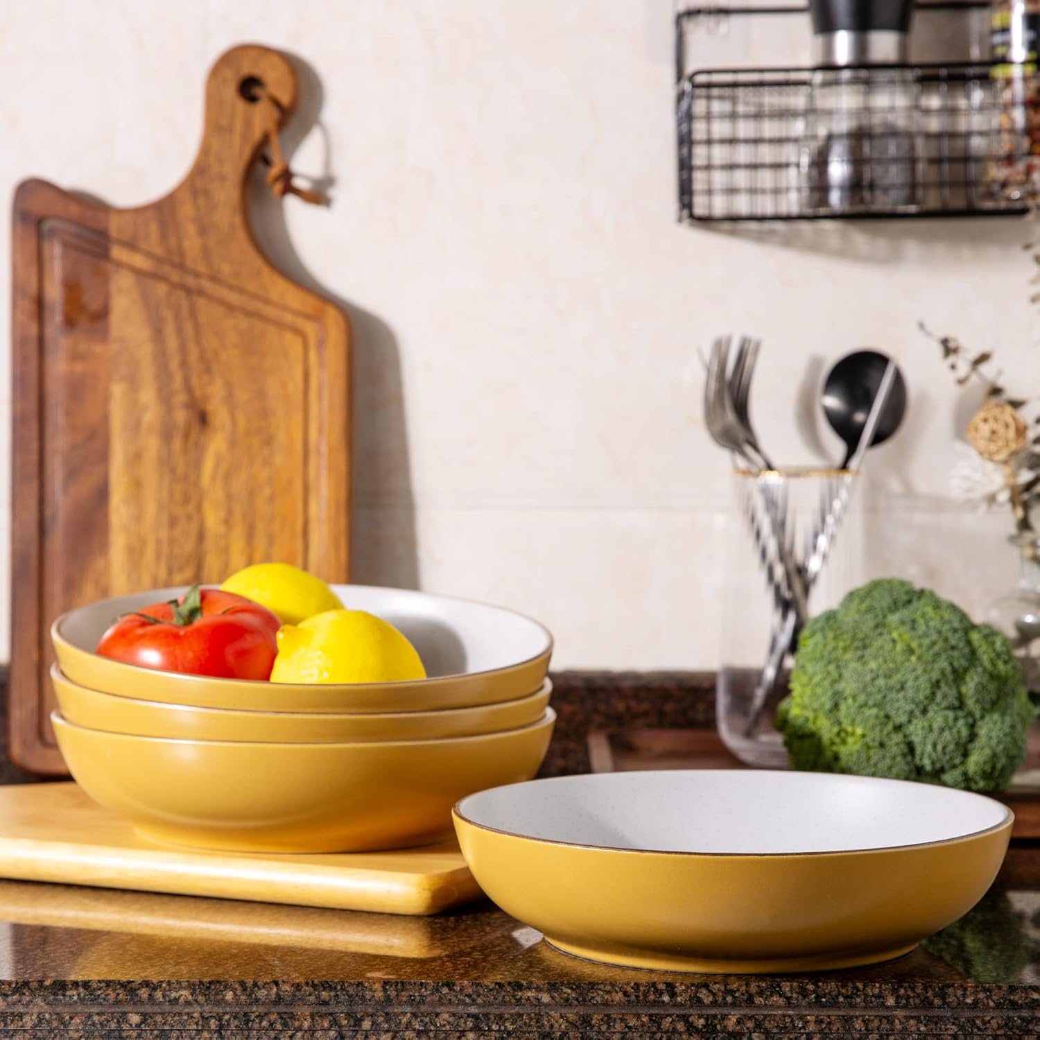 8.5'' Stoneware Pasta Bowls, 32oz Large Speckled Bowls Set of 4 for Kitchen, Wide Bowls for Pasta,Salad,Oatmeal, Microwave&Dishwasher Safe, Matte Yellow