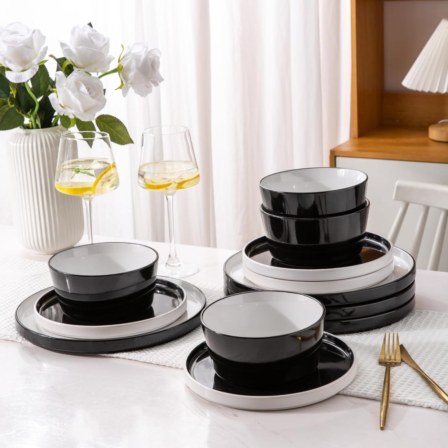 Dinnerware Sets for 6, 18 Piece Stoneware Plates and Bowls Set, Chip and Crack Resistant Plates Set, Dishwasher & Microwave Safe Ceramic Dishes Set - (Black and White, Service for 6)