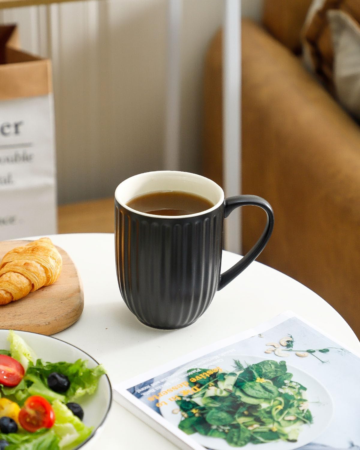 Porcelain Coffee Mugs, 16 Oz Large Ceramic Ribbed Coffee Cups with Big Handle, Modern Tea Cups Set of 4 for Coffee and Cocoa, Wedding, Housewarming Gift