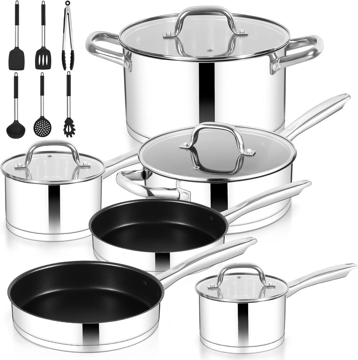 10-Piece Stainless Steel Cookware, Kitchen Cooking Pots and Pans Set w/Stock Pot Saucepan Sauté Pan Frying Pans 6PCS Silicone Cooking Utensils, Induction, Oven, Dishwasher Safe