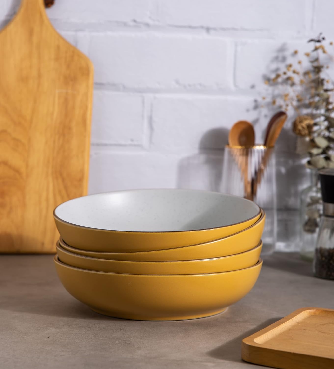 8.5'' Stoneware Pasta Bowls, 32oz Large Speckled Bowls Set of 4 for Kitchen, Wide Bowls for Pasta,Salad,Oatmeal, Microwave&Dishwasher Safe, Matte Yellow