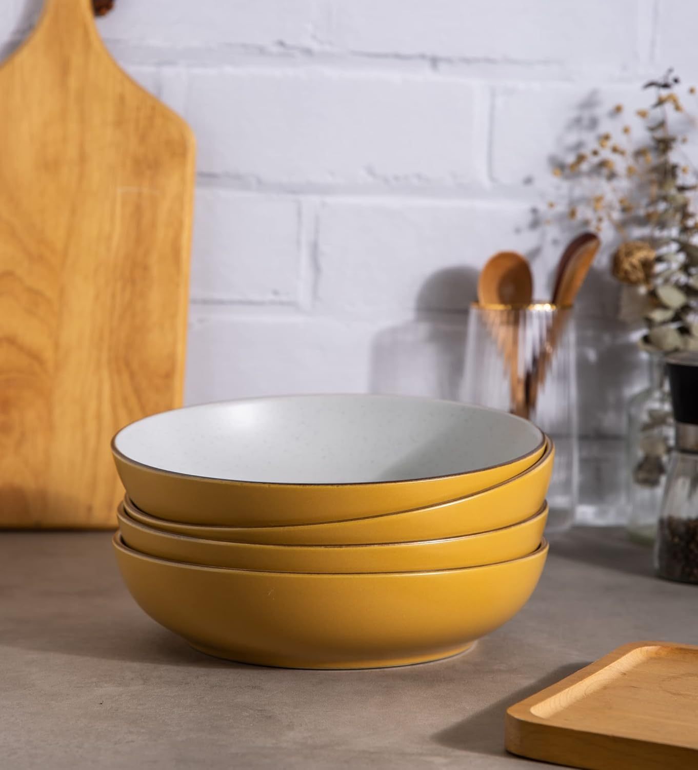 8.5'' Stoneware Pasta Bowls, 32oz Large Speckled Bowls Set of 4 for Kitchen, Wide Bowls for Pasta,Salad,Oatmeal, Microwave&Dishwasher Safe, Matte Yellow