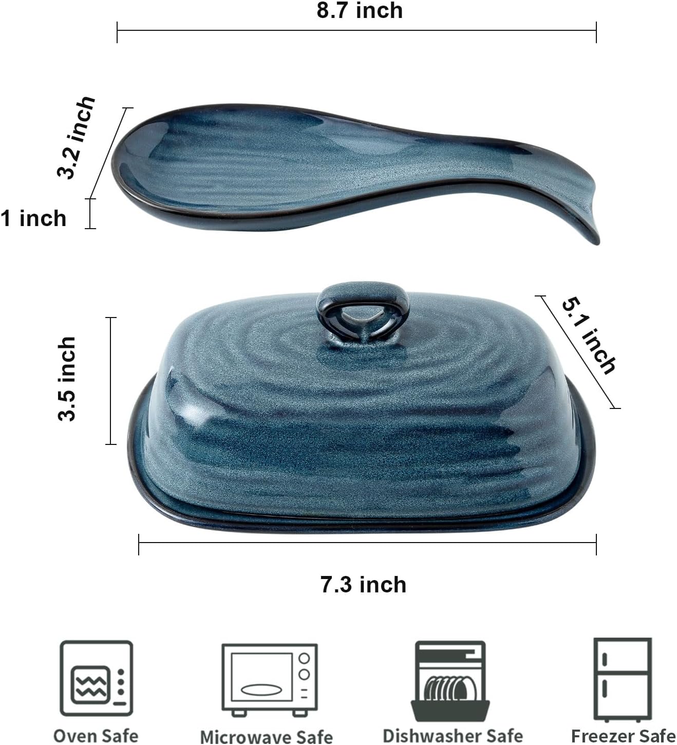 Butter Dish with Lid and Ceramic Spoon Rest Set for Countertop, 2 Pieces Navy Reactive Glaze Dinnerware Accessories Set Perfect for Home Decor