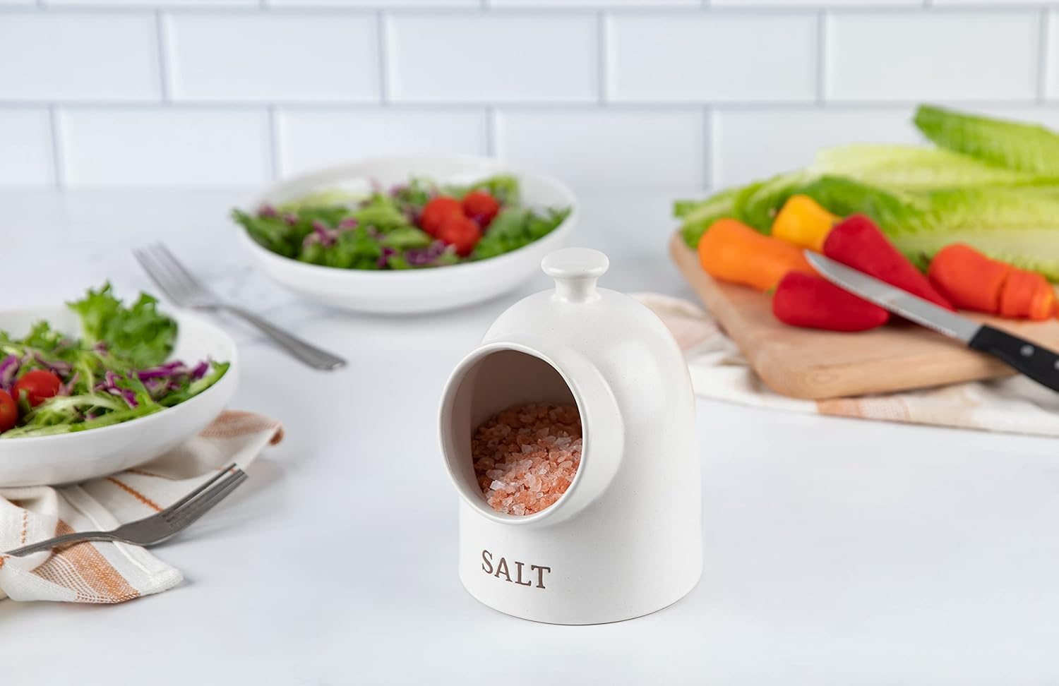 Salt Cellar, Salt Crock, Countertop Storage Container for Spices, White Salt Cellar, Ceramic, Stoneware, Dishwasher Safe, 15 oz, Speckled Oatmeal, Farmhouse Collection